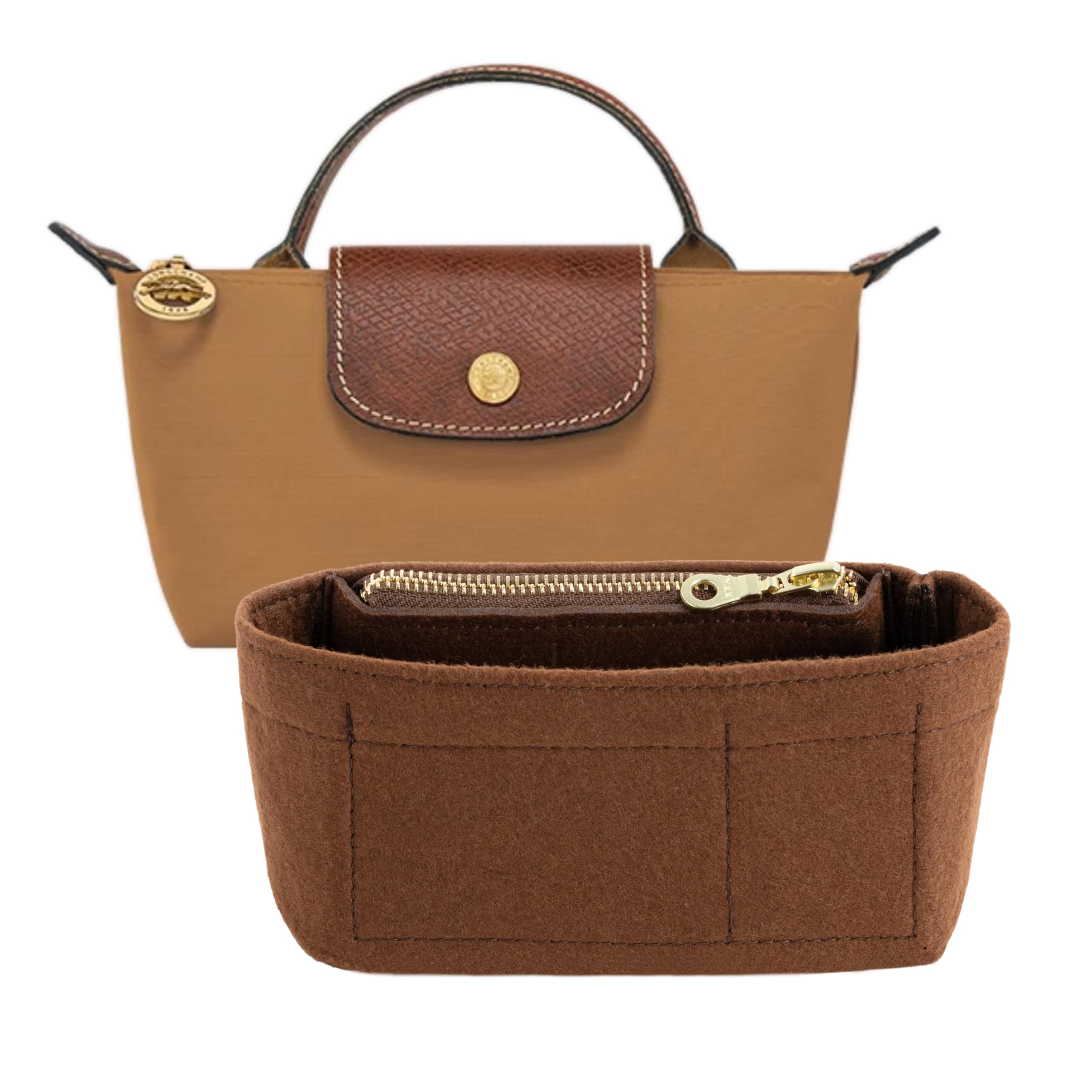 Mini Purse Organizer Insert for Longchamp Le Pliage Small Tote – Felt Inner Bag Liner with Zipper Pocket, Lightweight Storage for Mini Handbags, Brown-image-41