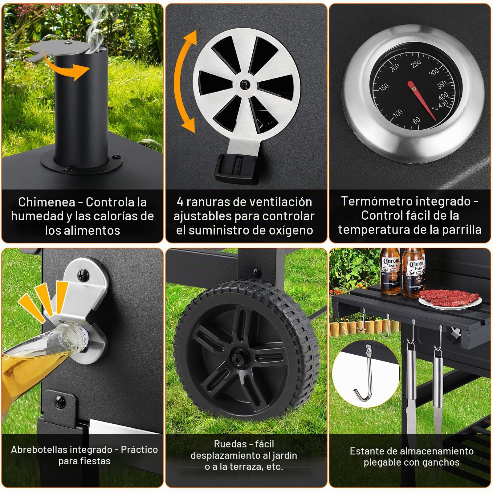 LIFERUN Parrilla Barbacoa Carbon con Tapa, XXL BBQ Smoker, Parrilla con Carrito, con 2PCS Ruedas, Termómetro, Barbacoa de Carbon para Camping y Jardín, 138x155x61 cm