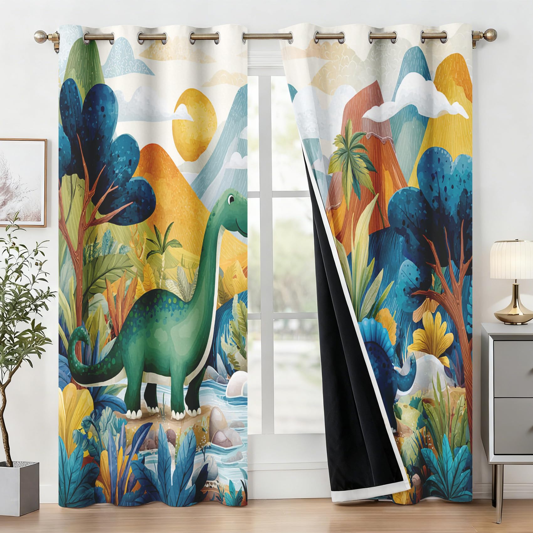 Générique Lot de 2 Rideau Occultant Dinosaure, Rideau Isolant Thermique à Oeillets pour Salon Chambre Cuisine Fenetre, Motif Forêt Adorable Dinosaure Enfants, 140x260 cm (LxH)
