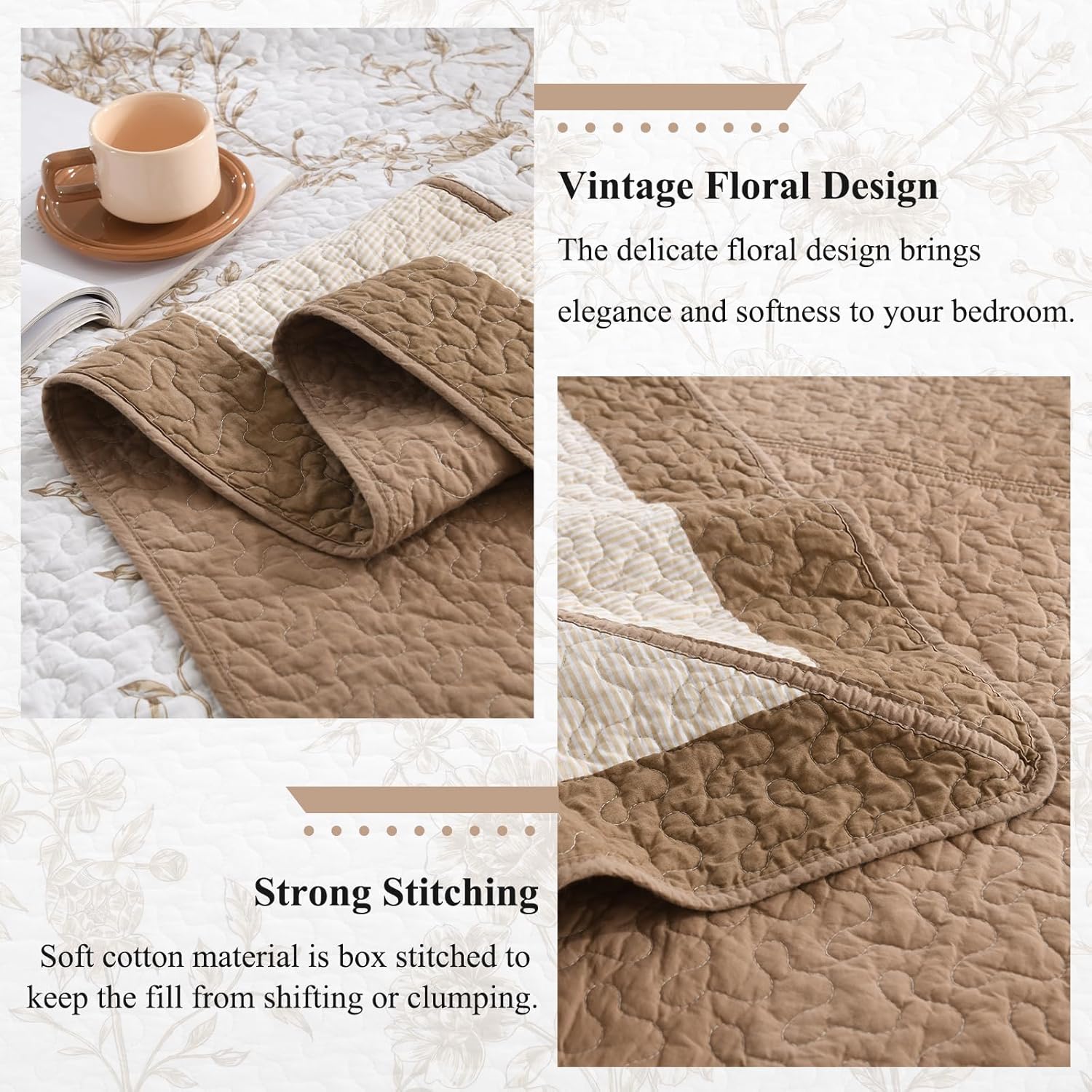 Queen Bedspreads 102x120 - Botanical Floral Farmhouse Reversible Oversized Queen Quilt Set, 3-Piece Lightweight Thin Comforter Coverlet Set with 2 Pillow Shams, 100% Cotton, Brown/Oatmeal - Image 6