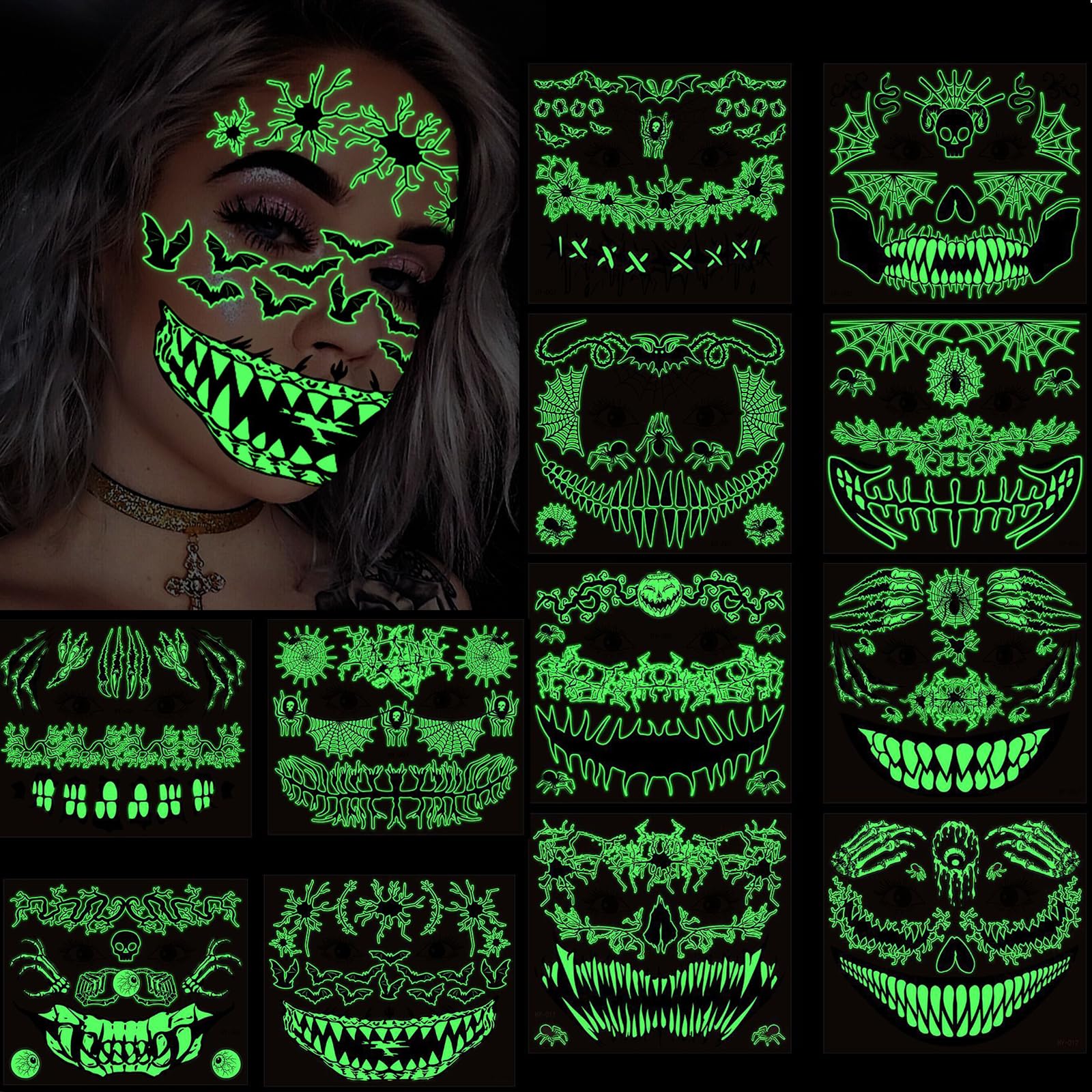 12 Sheets Halloween Glow In The Dark Face Temporary Tattoos,Luminous Temporary Tattoo Scary Zombie Makeup Kit For Kids Women Girls Boys Adults Party Supplies
