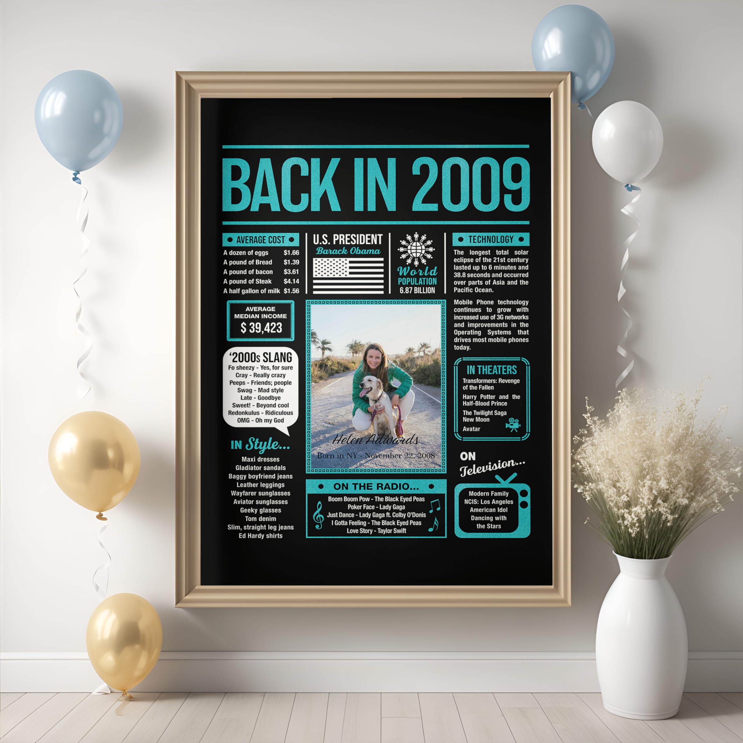 "Back In 2009" 16th Birthday Poster - 11x14 Inch Laminated Retro Sign With Facts & Stand
