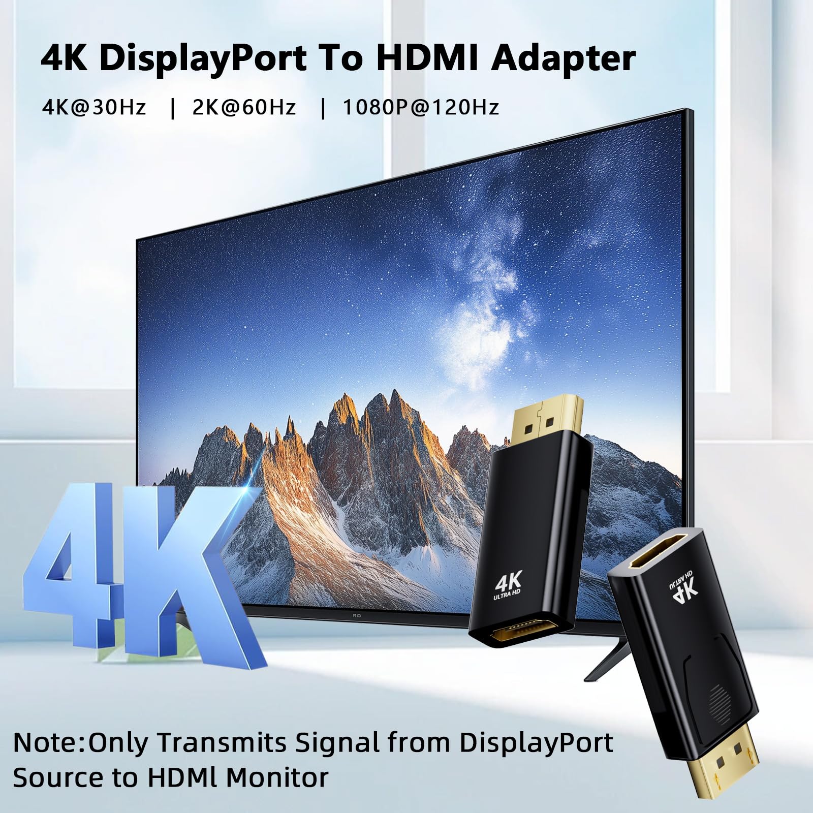 Adaptateur DisplayPort vers HDMI 2 Pièces, 4K@30Hz/2K@60Hz/1080P@120Hz Displayport vers HDMI Compatible avec Les Ordinateurs Portables, Projecteurs, Moniteurs, Téléviseurs, AMD, GPU