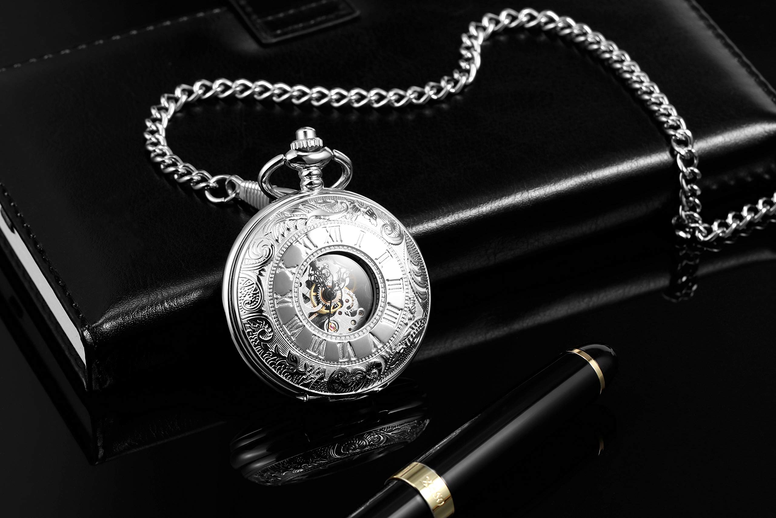 TREEWETO Taschenuhr mit Kette Herren Analog Handaufzug Doppelscharnier Antik Skelett Römische Ziffern Silber