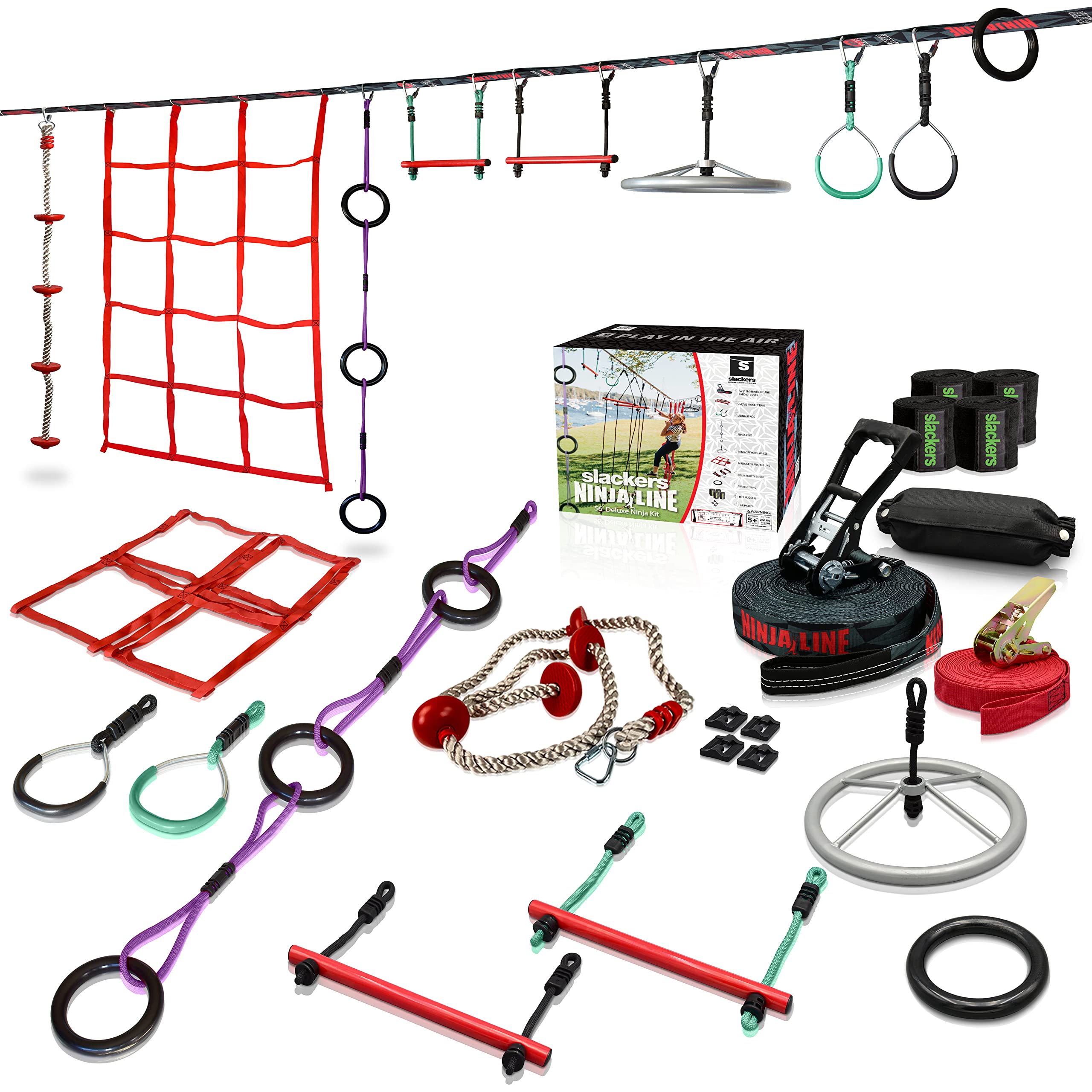 Slackers Ultimate Ninjaline Set 56 ft with 9 Hanging Obstacles - Best Outdoor Ninja Warrior Training Equipment for Kids - Build Your Very Own Backyard Ninja Obstacle Course - Rated Ages 5+