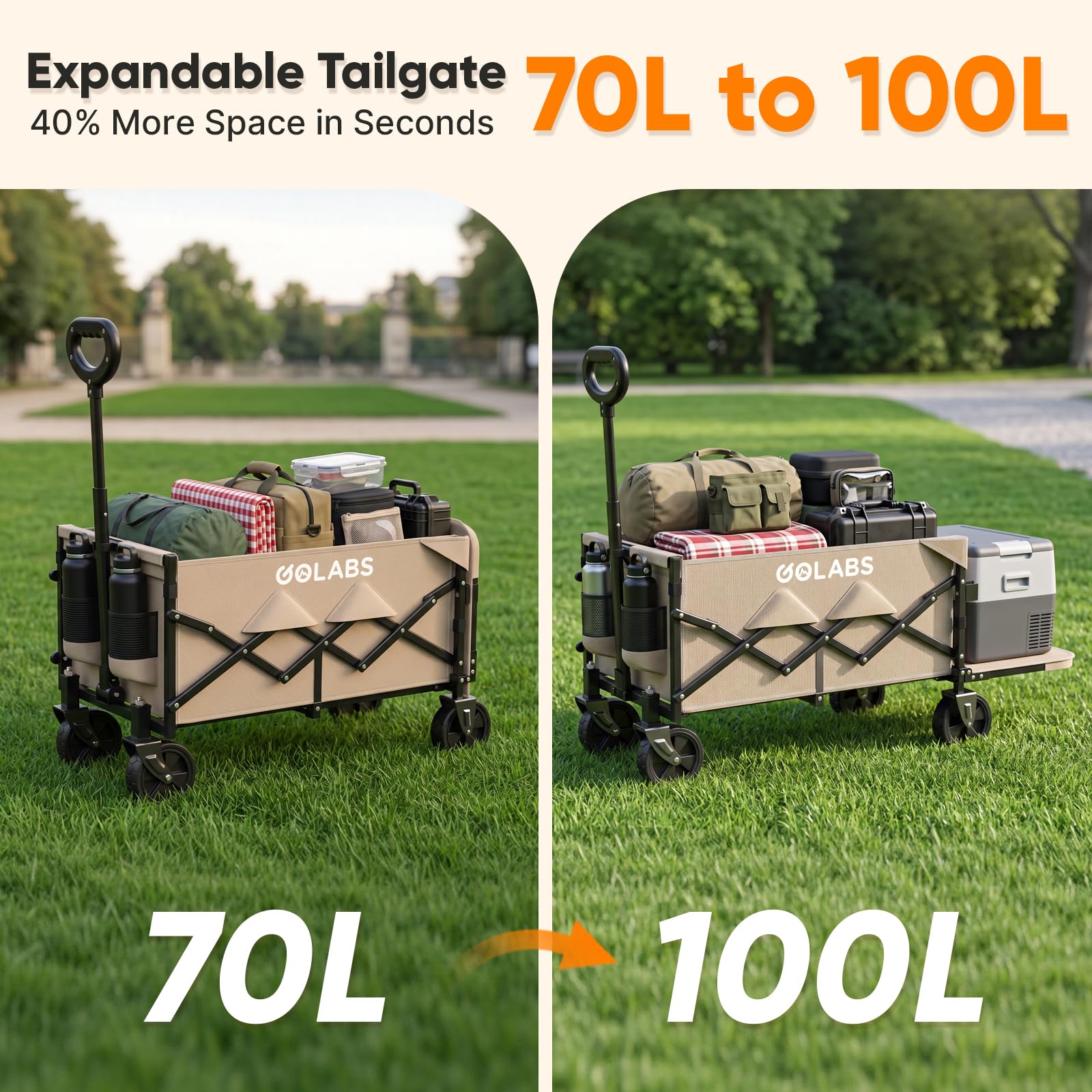 Golabs Carrello pieghevole per carro carico massimo 158,8 kg ed espandibile, 100 l, design a doppio cuscinetto per sterzo flessibile, carrello da giardino pieghevole resistente con 2 portabicchieri