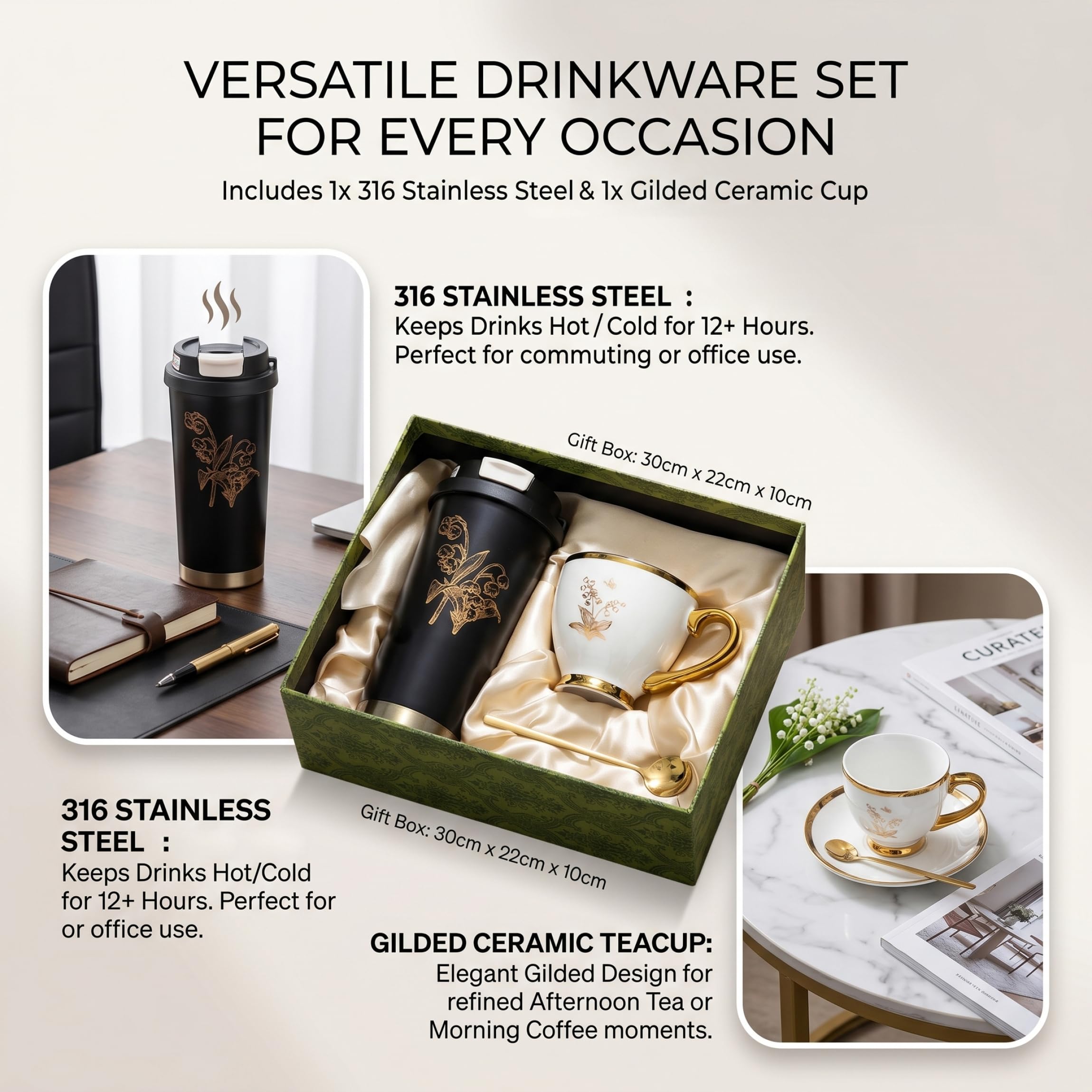 Set di tazze da caffè, tazze da caffè isolate in acciaio inossidabile 316 con tazza e cucchiaio in ceramica per mamma, lei, moglie, fidanzata, sorella, festa della mamma nere per donna Taz