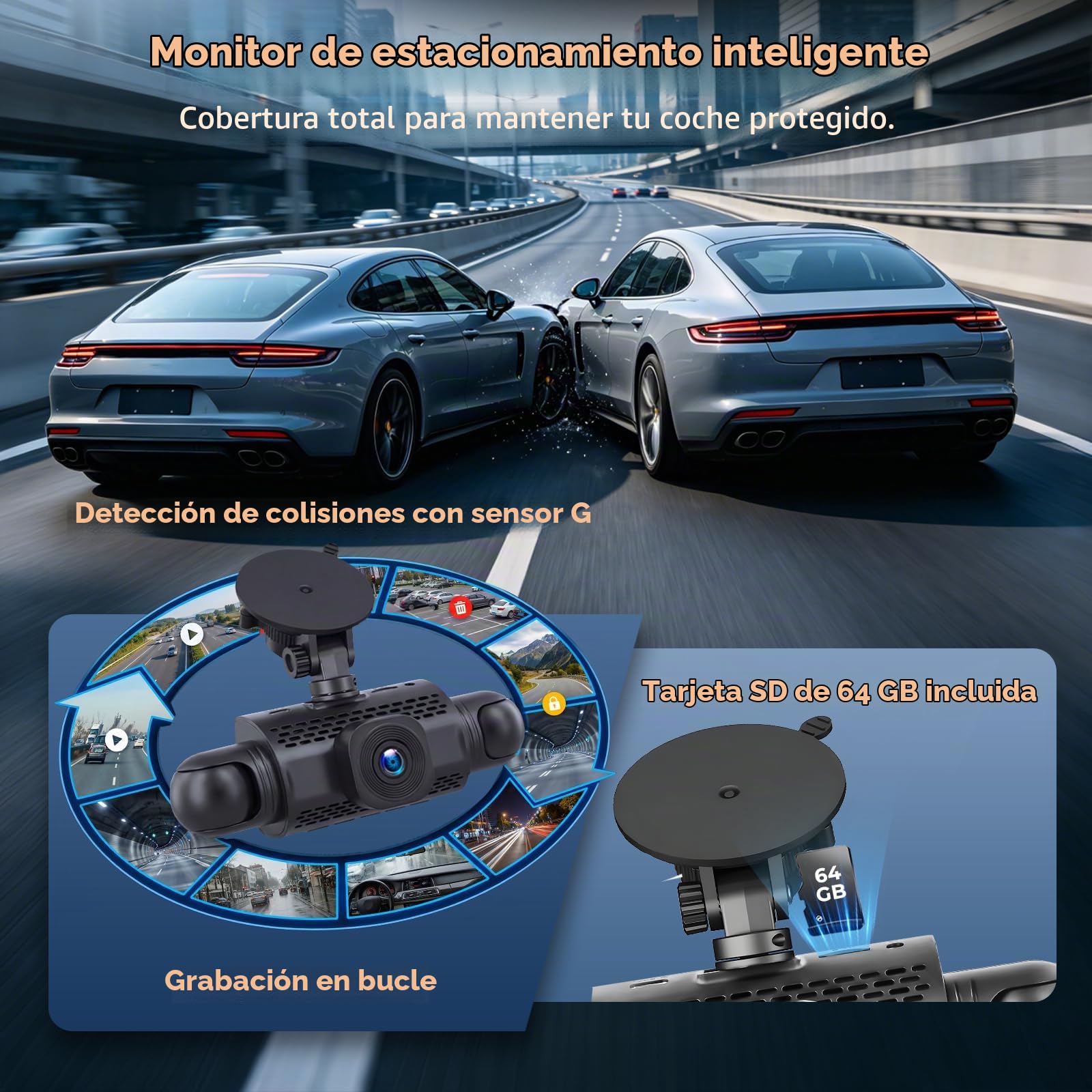 Hikity Cámara de salpicadero para Todos los vehículos 4 cámaras Pantalla IPS de 3" Visión Nocturna 1080P Cámara de grabación Grabación en Bucle con Sensor G Videograbador con Tarjeta TF