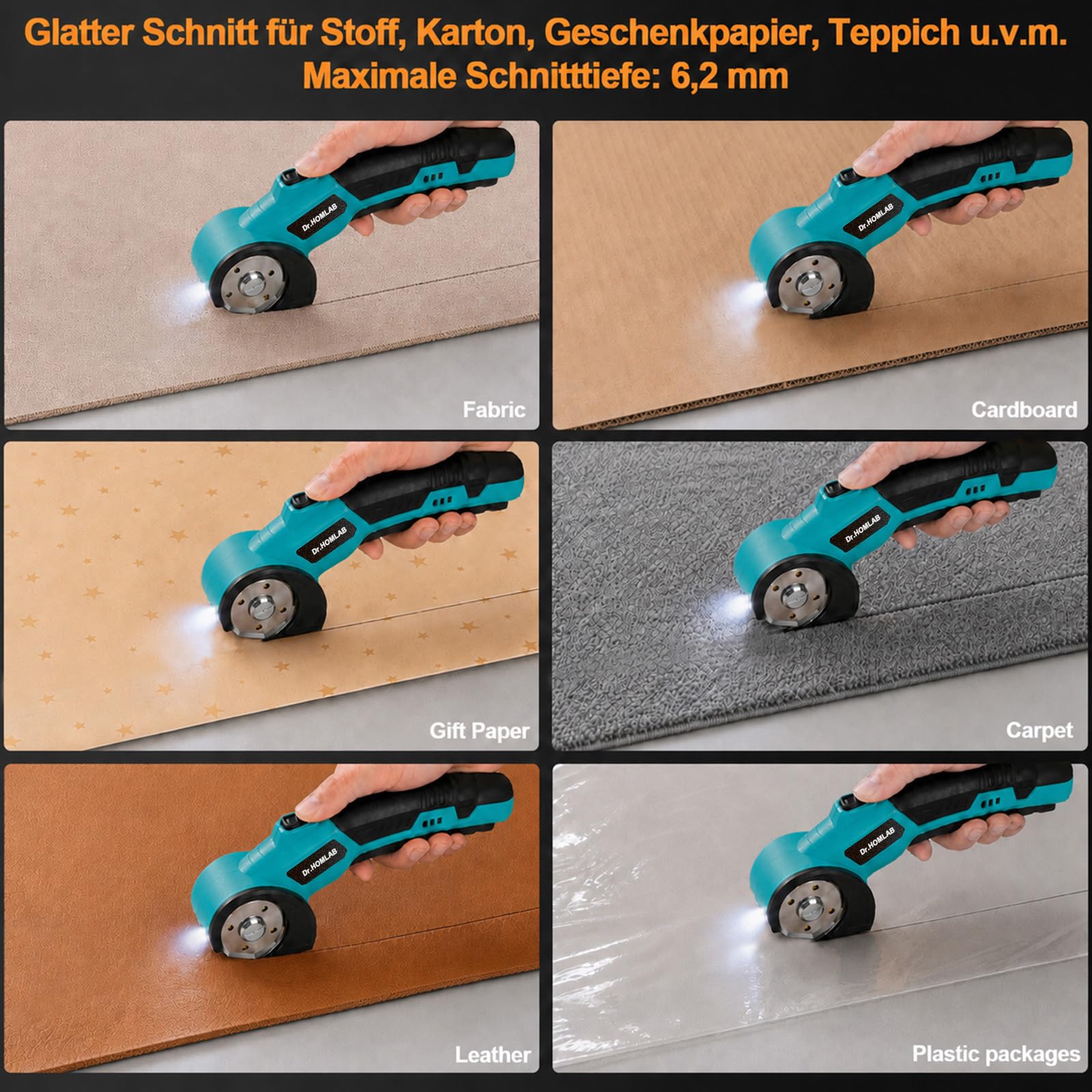 Kartonschneider, Elektrische Schere, Teppichschneider, Kabelloser Rollschneider mit 4,2V Wiederaufladbarem, 3 Selbstschärfenden Klingen, LED-Licht für Stoff, Papier, Karton, Teppich, Leder - Blau