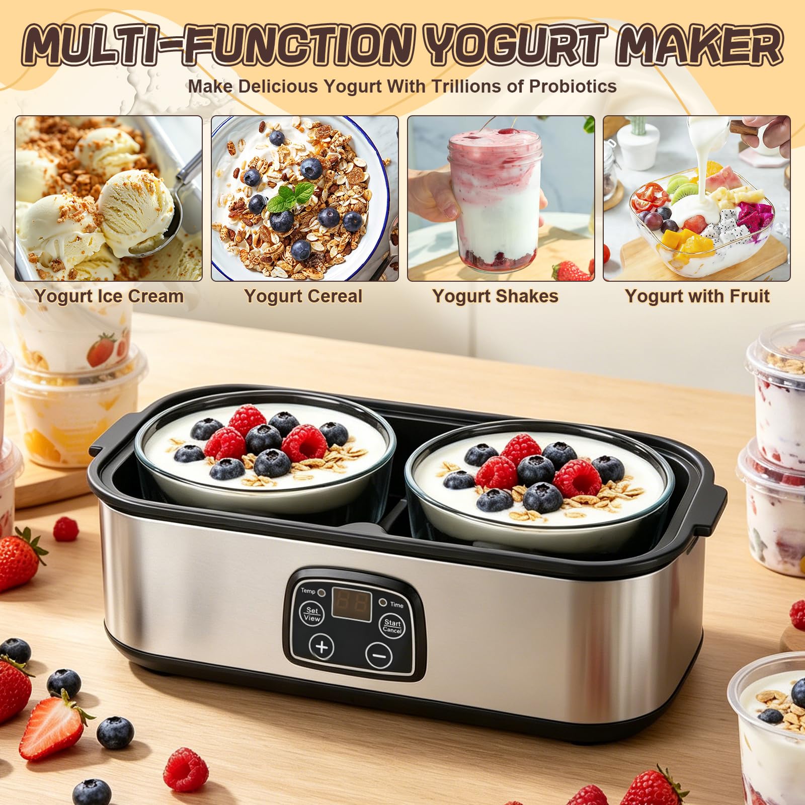Yogurtiera Elettrica con Lcd Display, Macchina per Yogurt 2l, Yogurtiera con Timer e Controllo Della Temperatura, BPA Free, Yogurt Maker per Yogurt Greco, Formaggio, Natto, Vino Di Riso