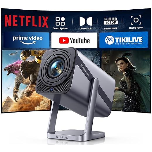 [Netflix-Licensed & 4K Support & Auto Focus]- Smart Projector with WiFi 6 and 2-Way Bluetooth, Dolby Audio/ Auto Keystone/Zoom,360°Adjustable Stand, iWIMIUS Mini Portable Outdoor Proyector w/ HDMI ARC