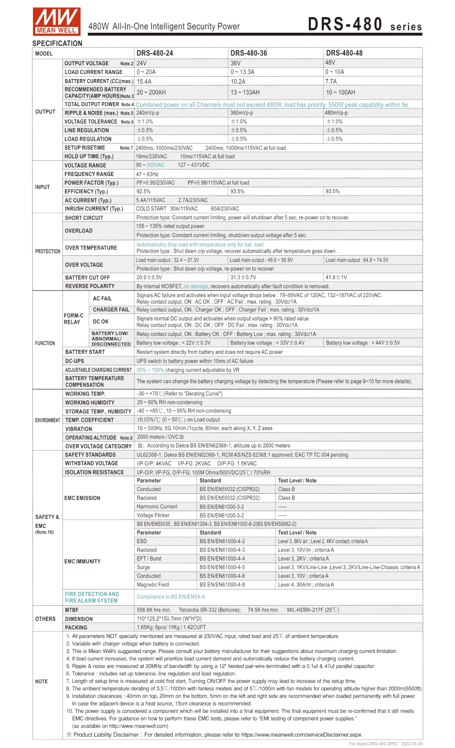 Mean Well DRS-480-48 480W All-in-One Intelligent Security Power DRS-480 48V 7.2A