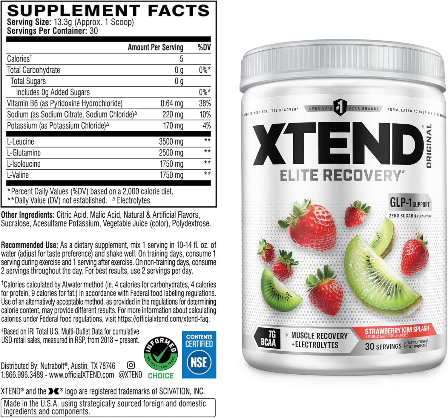 Xtend Original BCAA Powder, 7g BCAAs and 2.5g L-Glutamine for Muscle Recovery Hydration and Lean Muscle, Sugar Free Intra and Post Workout Drink with Electrolytes, Strawberry Kiwi Splash, 30 Servings