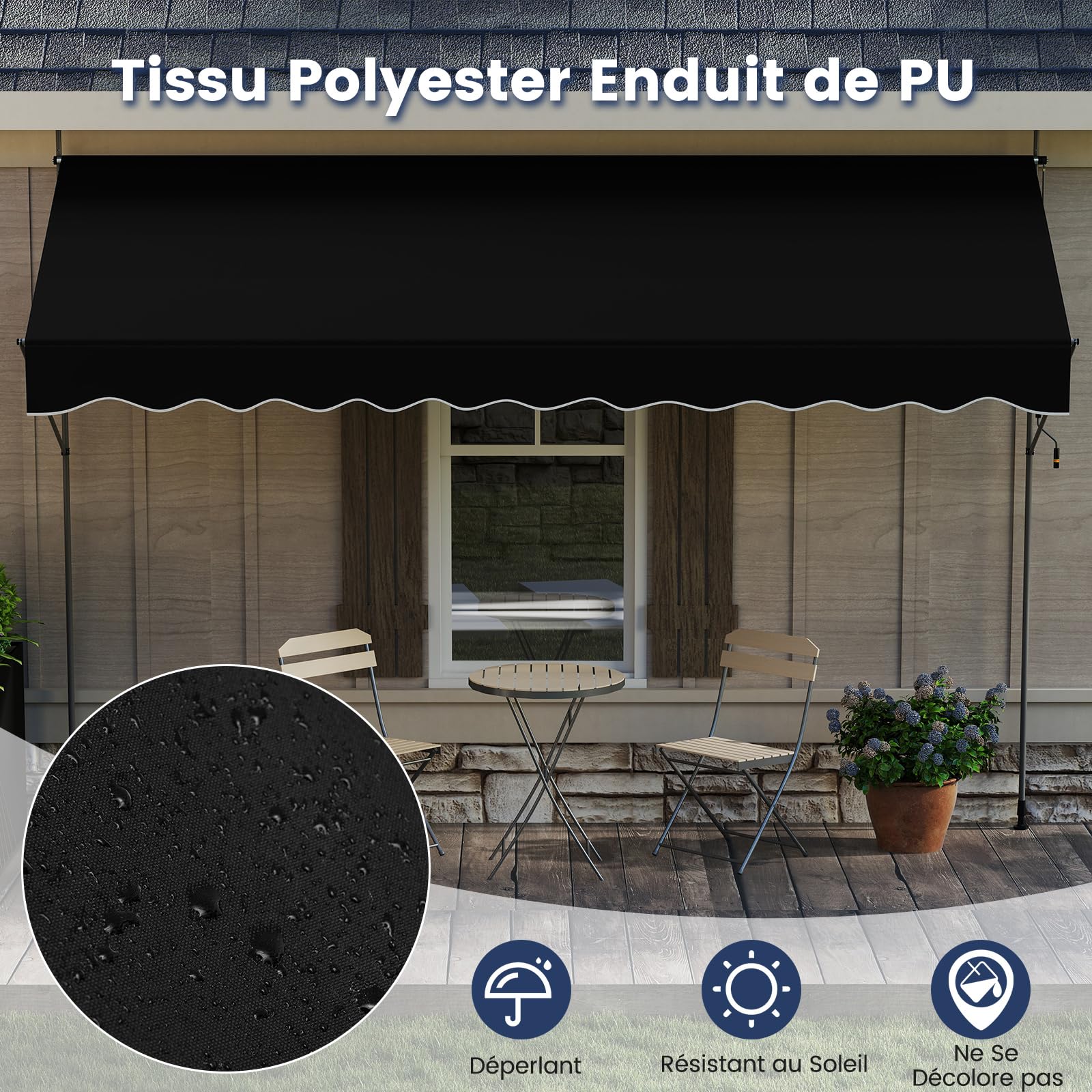 COSTWAY Store Banne Manuel Rétractable de 4 x 1,2M avec Manivelle Hauteur Réglable 210-300CM, Auvent de Terrasse en Aluminium Tissu Oxford Imperméable Anti UV, pour Blacon et Porte (Noir)