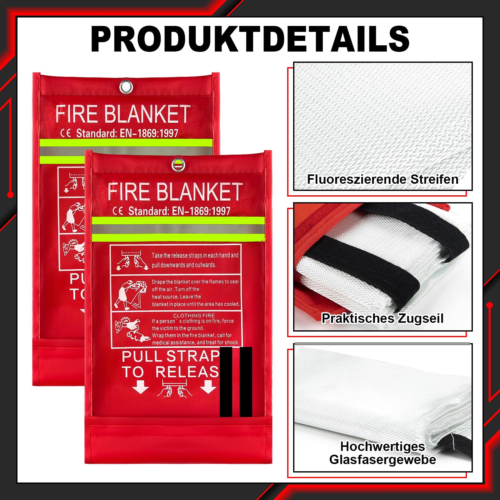 2 Pack Löschdecke für Küche 160x180 Feuerlöschdecke für Zuhause für küche große Löschdecken Aus Glasfasergewebe Gemäß 2 Feuerlöschdecke DIN EN 1869:2019, Geeignet Zum Löschen Von Fettbränden Geeignet