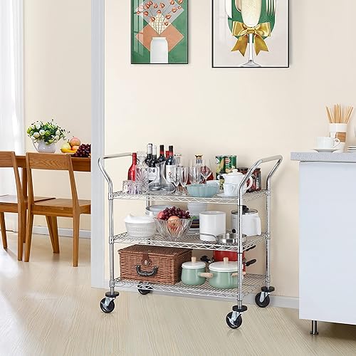 Miniatura 5 de Finnhomy Carrito rodante de grado comercial de 3 niveles, carrito utilitario resistente, carros con ruedas y asas de doble cara, carrito de cocina