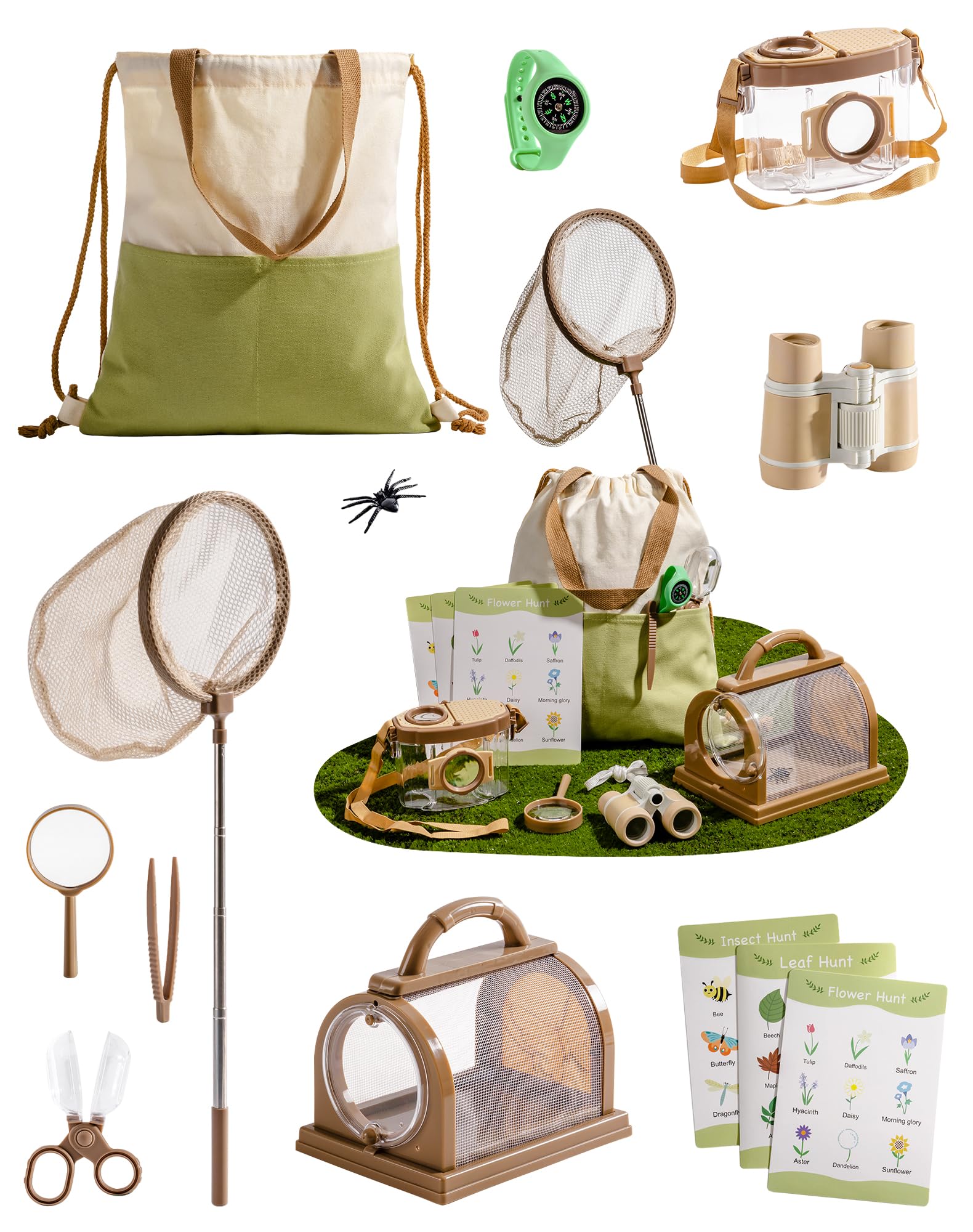 ROBOTIME Explorer Kit & Bug Catcher Kit, 12-in-1 Outdoor Adventure Set, Bug Collection with Kids Binoculars, Butterfly Net