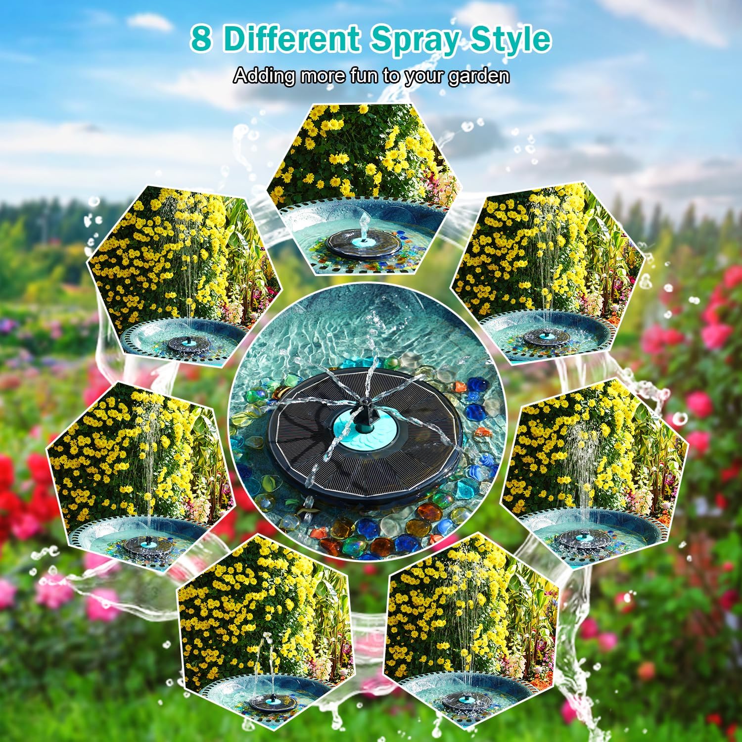 Fontaine Solaire, SZMP 2026 3.5W Pompe Solaire Bassin Exterieur avec 7 Buse pour Bain d'oiseau, Piscine, Patio, Décoration de Jardin (Noir) - 3