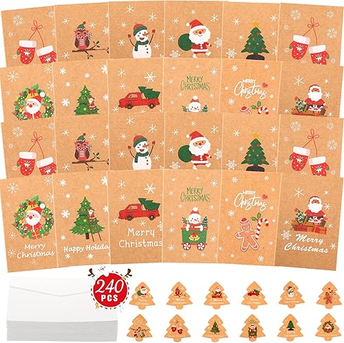 Crtiin Paquete de 240 tarjetas de felicitación de Feliz Navidad con sobres y calcomanías de 2.8 x 4.1 pulgadas, mini tarjetas de Navidad a granel de