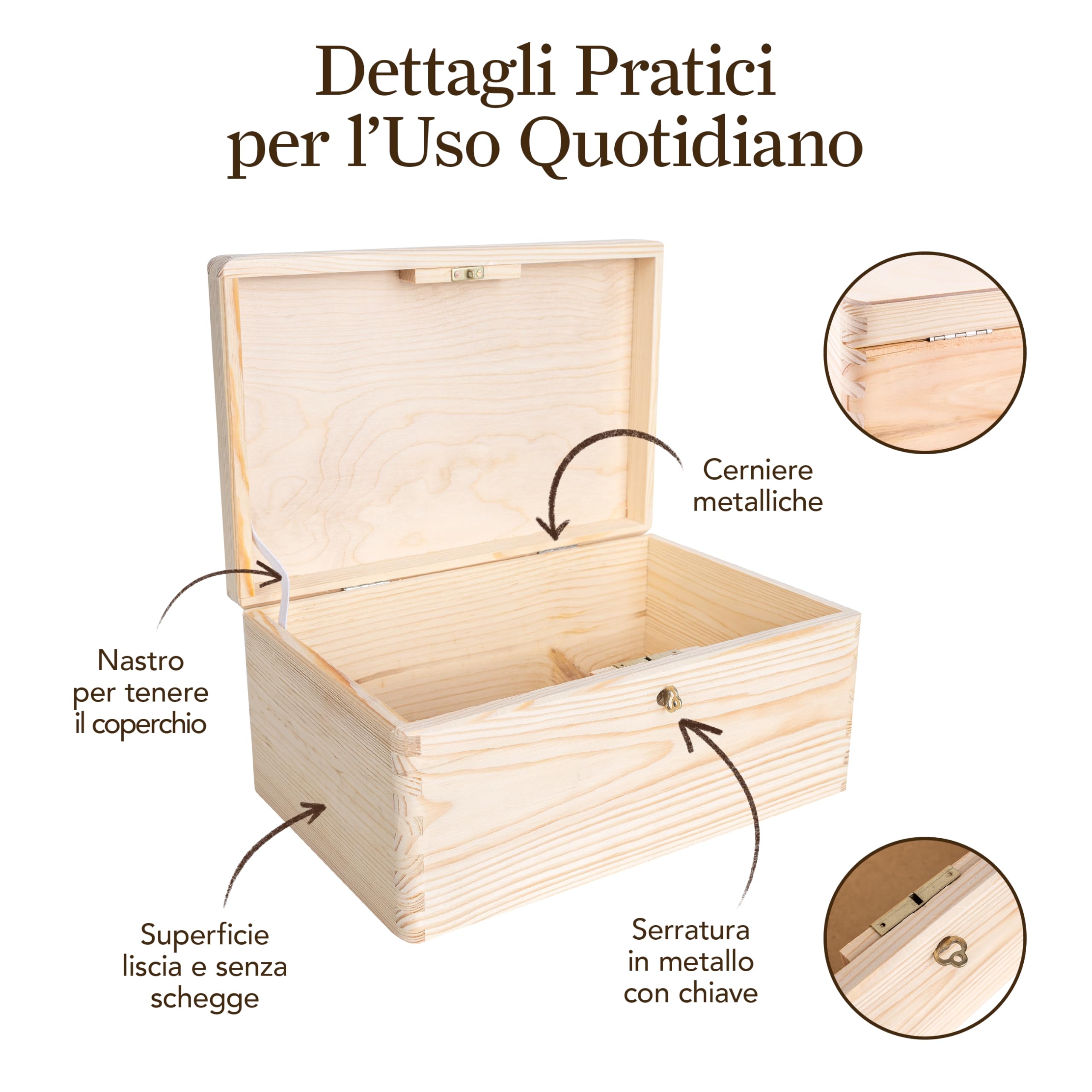 Creative Deco Grande Scatola in Legno con Chiave, Scatola di Stoccaggio | 30 x 20 x 14 cm | con Coperchio per Decorare | Senza Maniglie | Perfetta per Documenti, Oggetti di Valore, Regalo
