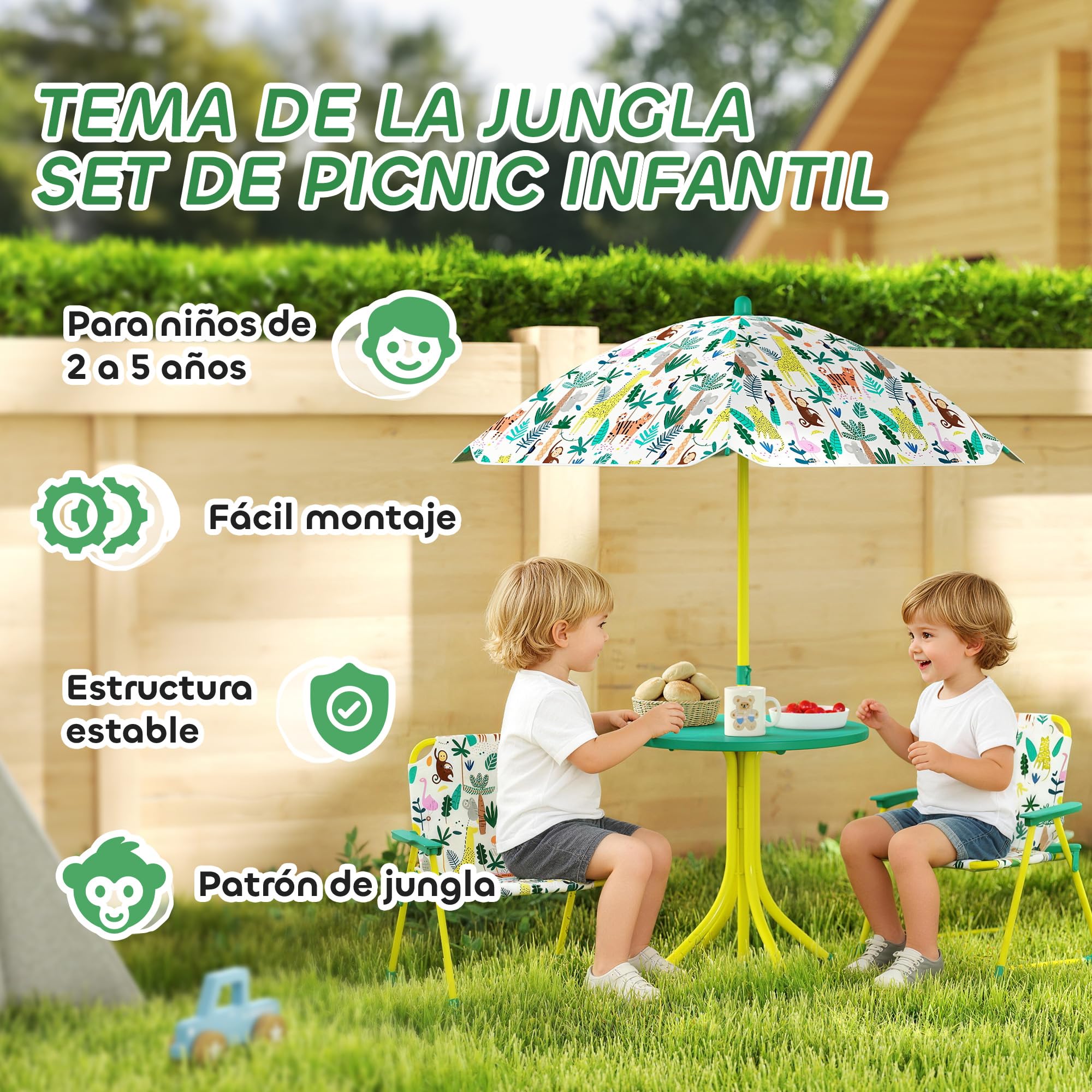 AIYAPLAY Conjunto de Mesa y Sillas Infantil de Jardín de 4 Piezas, Mesa Infantil con Sillas Plegables, Sombrilla Desmontable, Diseño de Jungla, para Patio, Pícnic, Verde