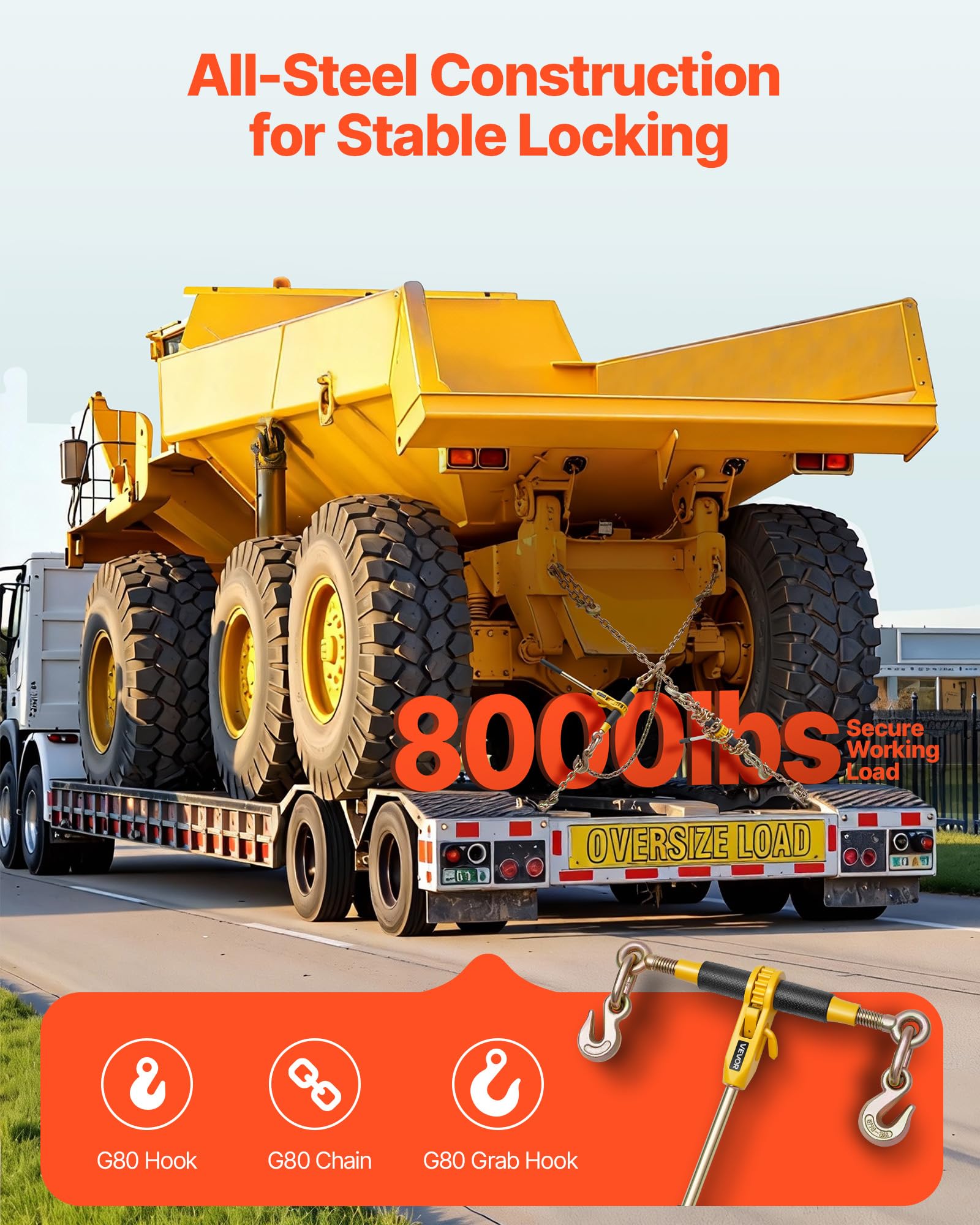 VEVOR Ratschenspanner 3628 kg, Ratschenlastspanner, Spannzurrketten G80, Ratschen-Lastbinder, Spannketten-& Binder-Set, Zurrkettenbinder für Transport, Abschleppen, Holzfällerei (4er-Pack)