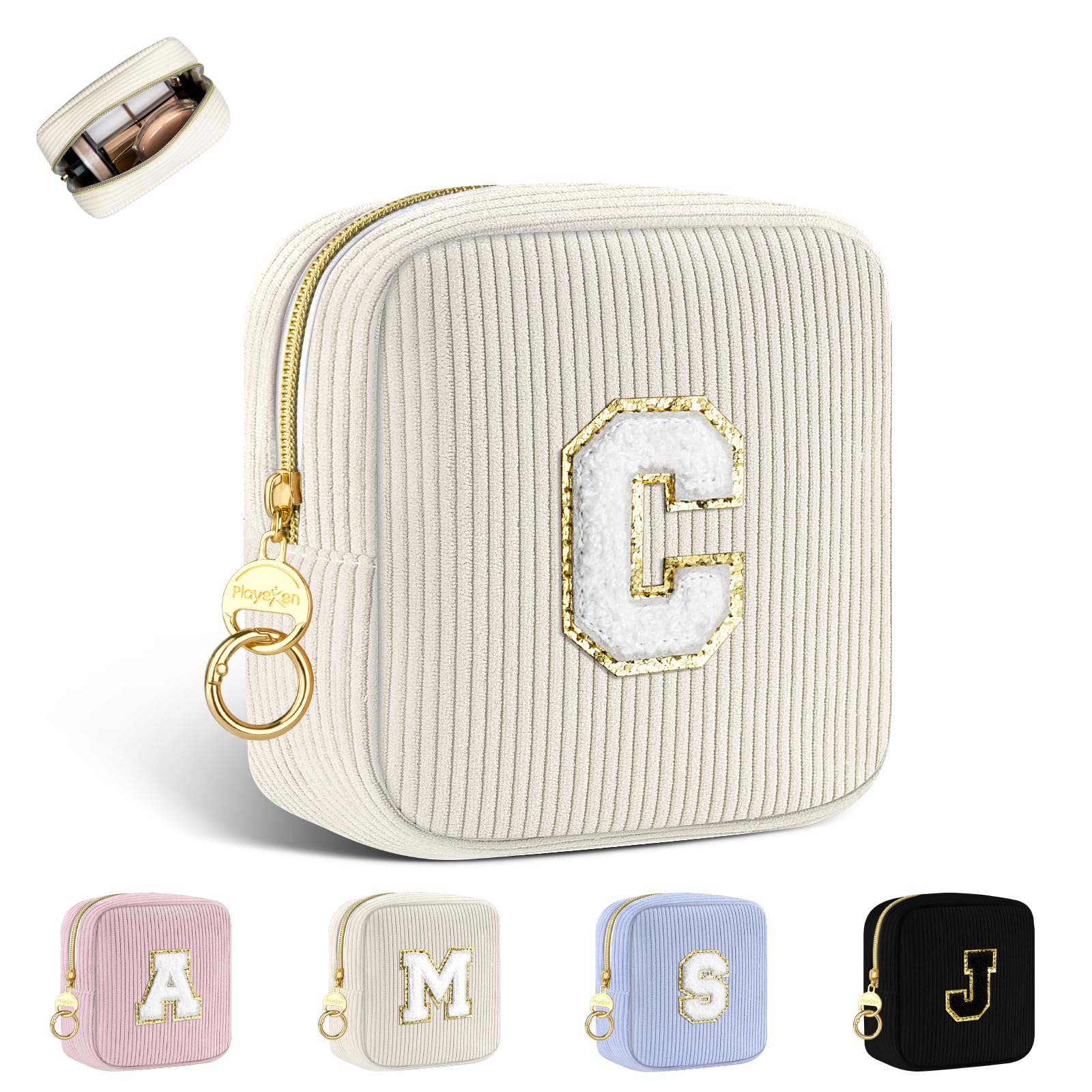 Playexen Small Initial Makeup Bag, Beige Corduroy Personalized Cosmetics Bag with Ring Buckle, Monogram Cute Travel Toiletry Pouch Purse, Birthday/