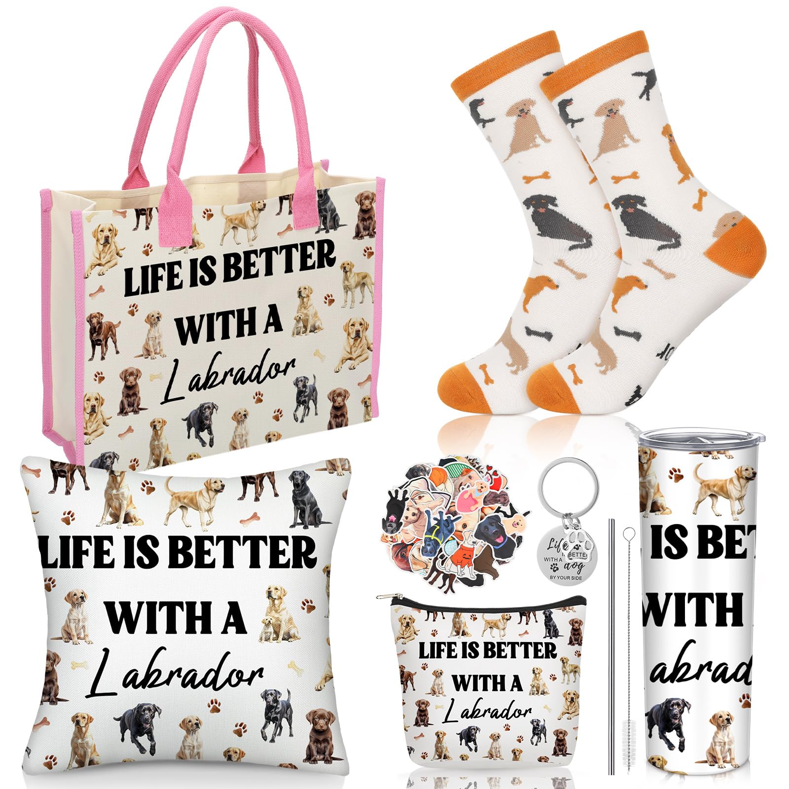Patelai 56 Pcs Labrador Retriever Gift Set for Dog Mom, Tote Bag 20oz Stainless Tumbler Cosmetic Bag Sock Pillow Cover Keychain 50 Sticker for Women Labrador Lover Gift Dog Mothers Day Party Favors