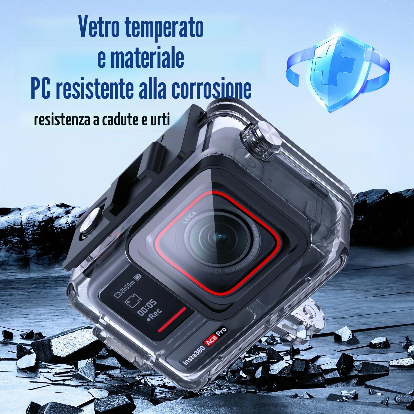 Custodia impermeabile per Insta 360 Acepro, Dive Case with Physical Harden Glass & Alluminio Alloy Frame Underwater Impermeabile fino a 60 m/197 ft with Two Mounts, Three Protective Films