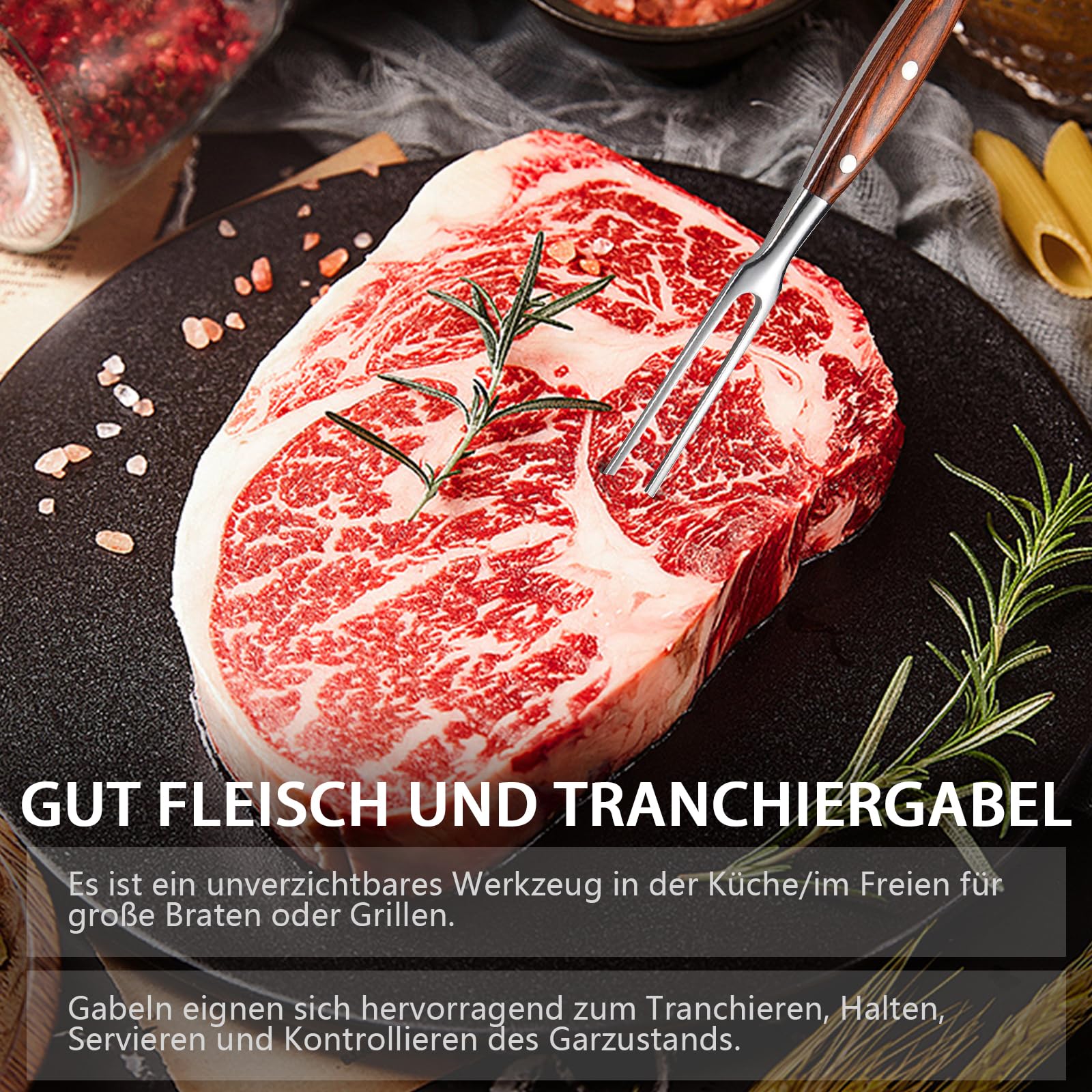 Tenedor de carne de acero inoxidable de 30 cm con mango de madera, tenedor de carne de acero inoxidable, para filetes, asados, pollos asados y verduras, tenedor inoxidable con puntas largas para girar
