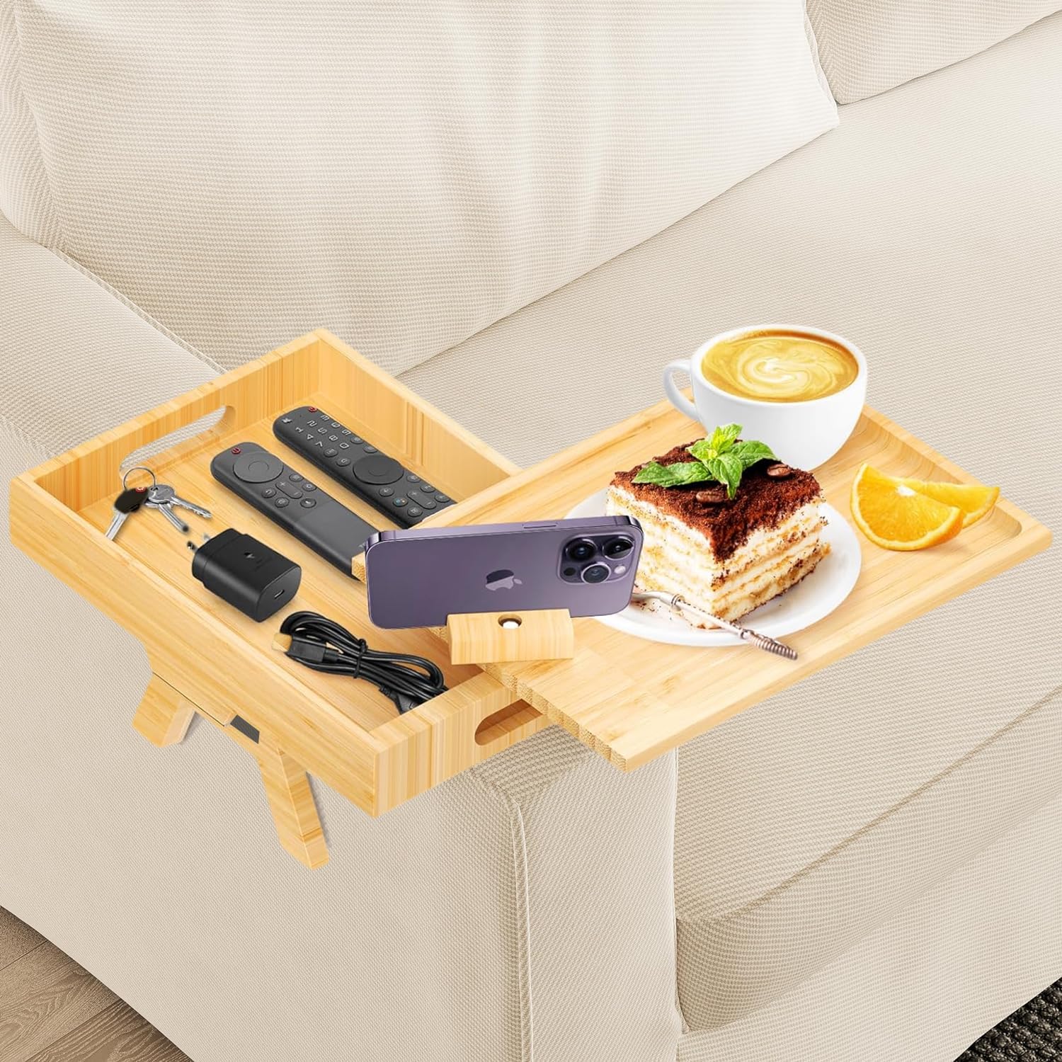 Angju Sofa Armrest Tray with Storage Box, Double Layer Bamboo Couch Arm Table with 360° Swivel Tabletop and Cell Phone Holder, Adjustable Sofa Arm Clip Table for Drink/Remote/Snack Holder