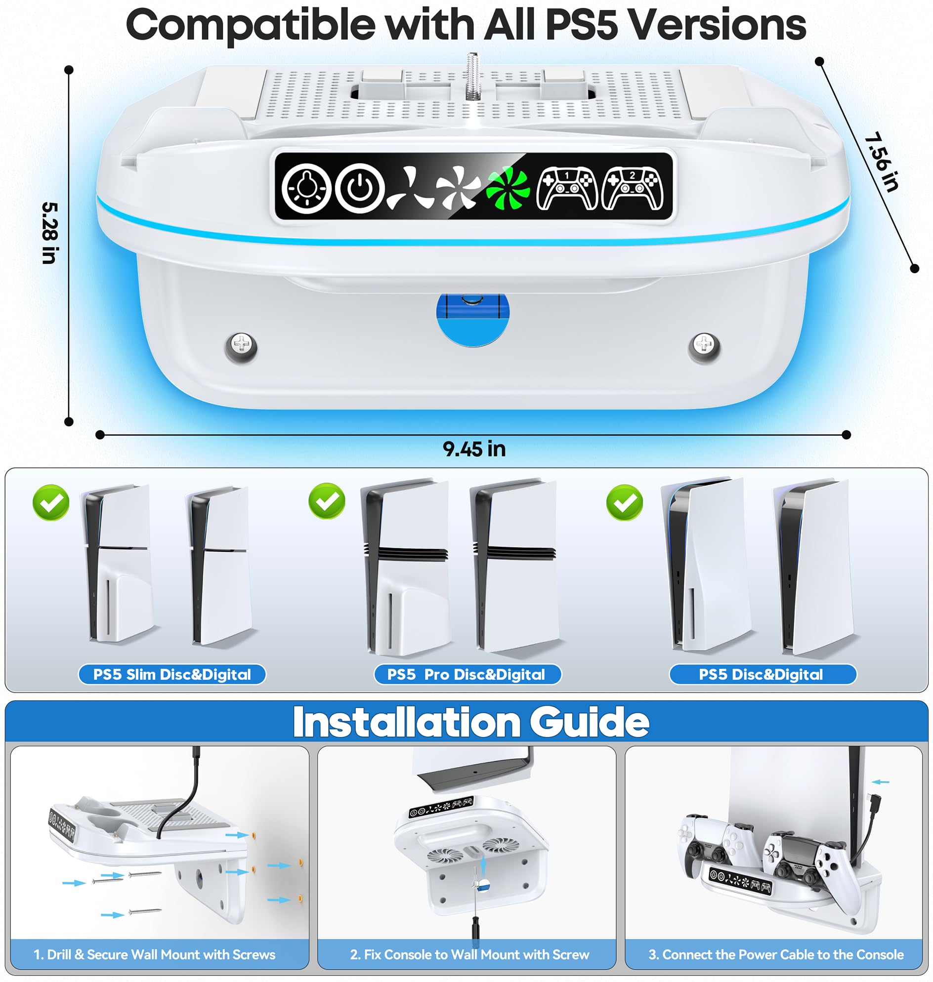 Rysker PS5 Wandhalterung kompatibel mit Playstaiton 5/Slim/Pro mit Controller Ladestation, PS5 Wall Mount mit Kühler und 9 RGB Licht