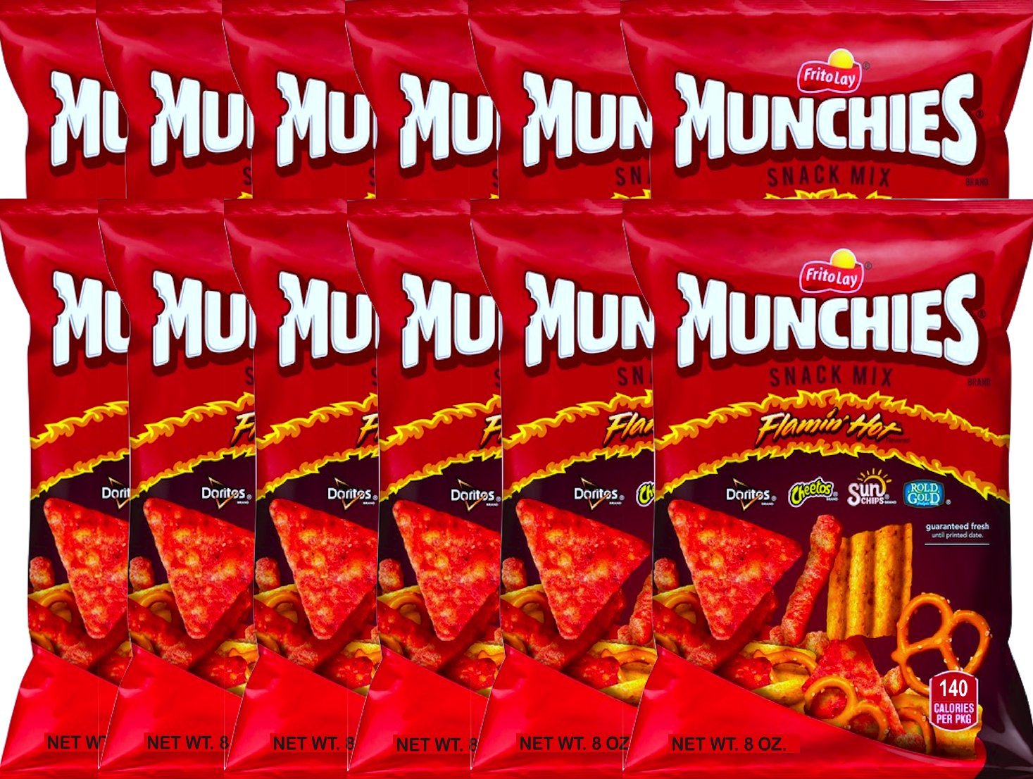 NEW Munchies Flaming’ Hot Snack Mix Doritos, Cheetos, Sun Chips, Rold Gold Net Wt 8 Oz. (12)