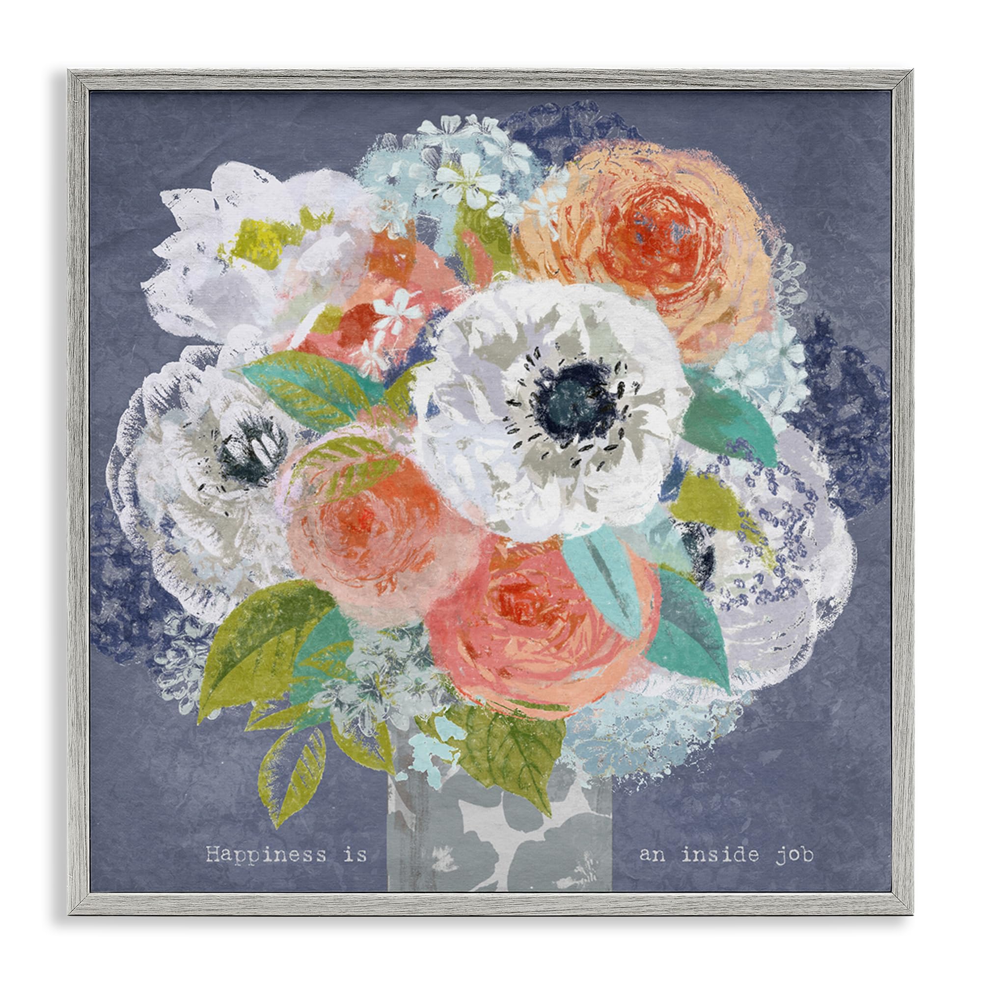 Stupell Industries Happiness Inside Job Botanical Floral 'Happiness Is An Inside Job', Framed Giclee Art, Gray, 24 X 24 Inches, Easy To Hang And Sturdy, Made In Usa, By Suzanne Nicoll