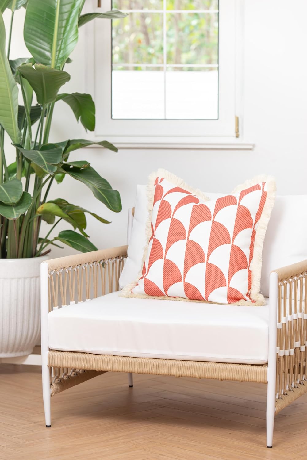 Hofdeco Premium Coastal Patio Indoor Outdoor Pillow Cover Only, 20"x20" Water Resistant for Backyard, Couch, Coral Pink Scale Motif Fringe