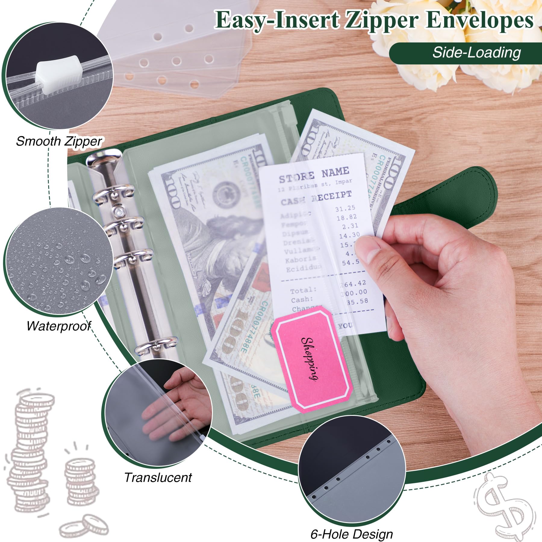 Antner Budget Binder with Zipper Envelopes, Money Organizer for Cash, Dark Green - 5