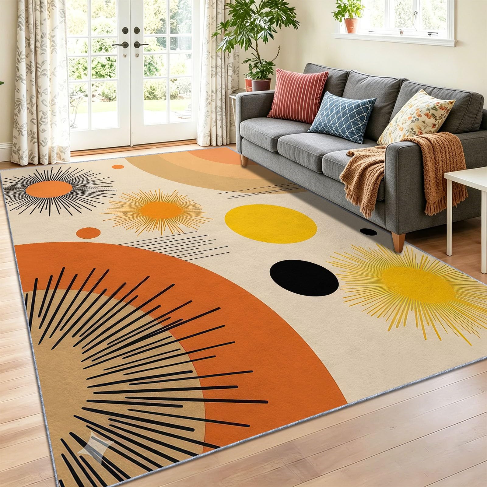 Retro Mid-Century Modern Teppich 80 x 150 cm Teppich Wohnzimmer Kreis Sonne Linie Geometrisch Kurzflor Waschbarer Teppiche Schlafzimmer Weich rutschfest Teppiche für Kinderzimmer Esszimmer, Orange