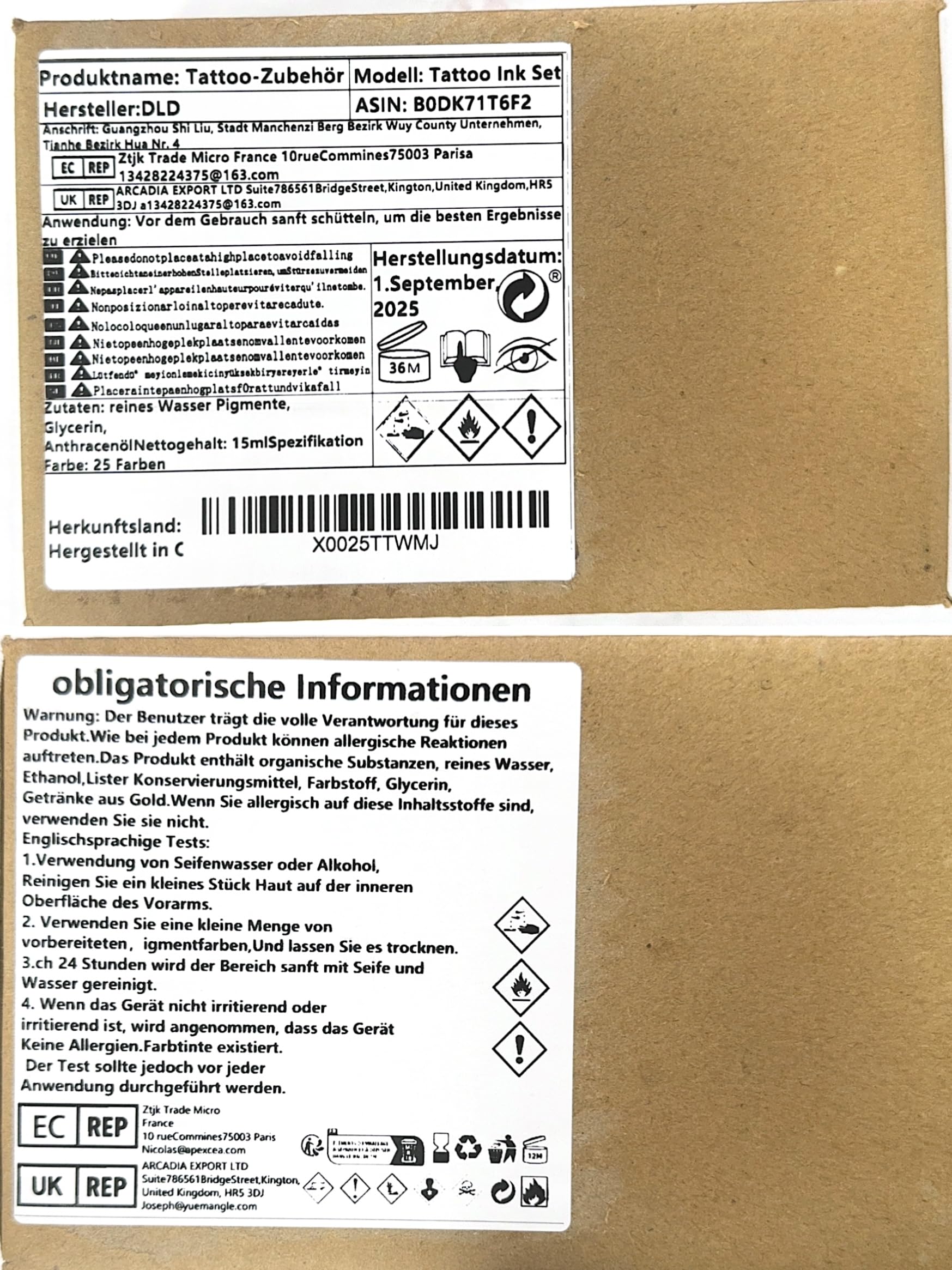 DLD Zestaw wegańskich atramentów do tatuażu 25 x 15 ml – nietoksyczny, bezpieczny dla skóry, profesjonalny trwały kolorowy pigment do tatuażu (po 14 g)