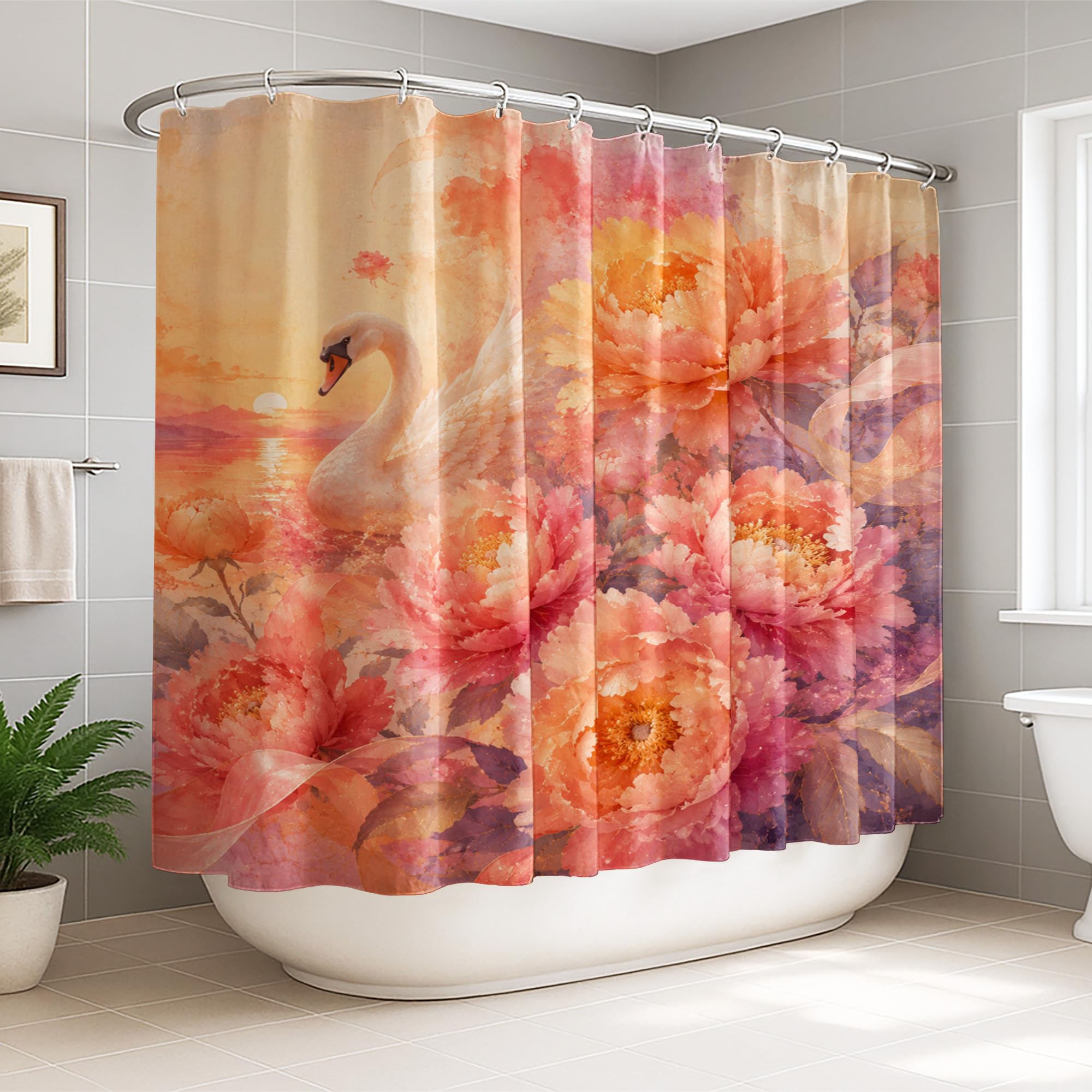 Rideau de douche extra large douceur de printemps pivoines et cygne pour s'évader