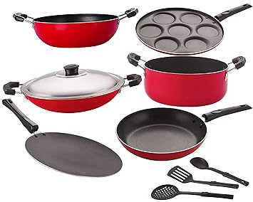 Nirlon Non Stick Aluminium Cookware Combo Essential Gift Set Item with Spoon-9 Pieces [26_CT_KD13_CHATTI_UP_Cass20_TP24_3SPN]