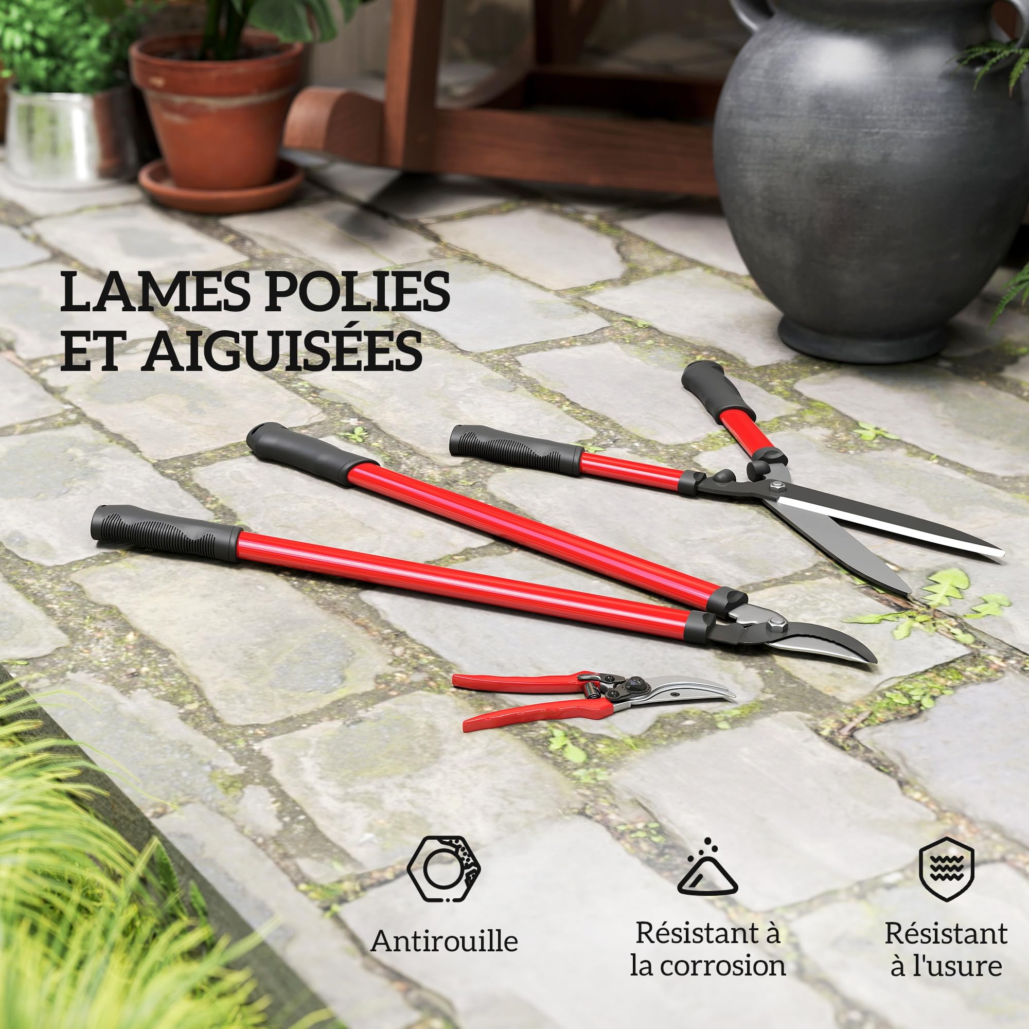 Outsunny Lot de 3 cisailles de jardin, ensemble de coupe pour jardinage, coupe-branches de 65 cm, taille-haie de 51,5 cm, sécateur de 20 cm, avec poignée souple, rouge