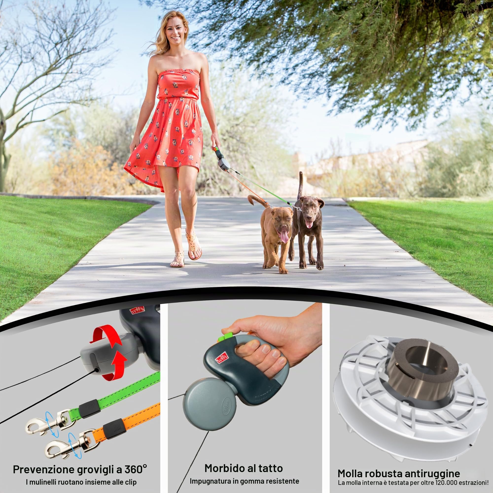 Wigzi Dual Doggie 2 Guinzaglio retrattile per i cani, 22.7 kg per guinzaglio del cane