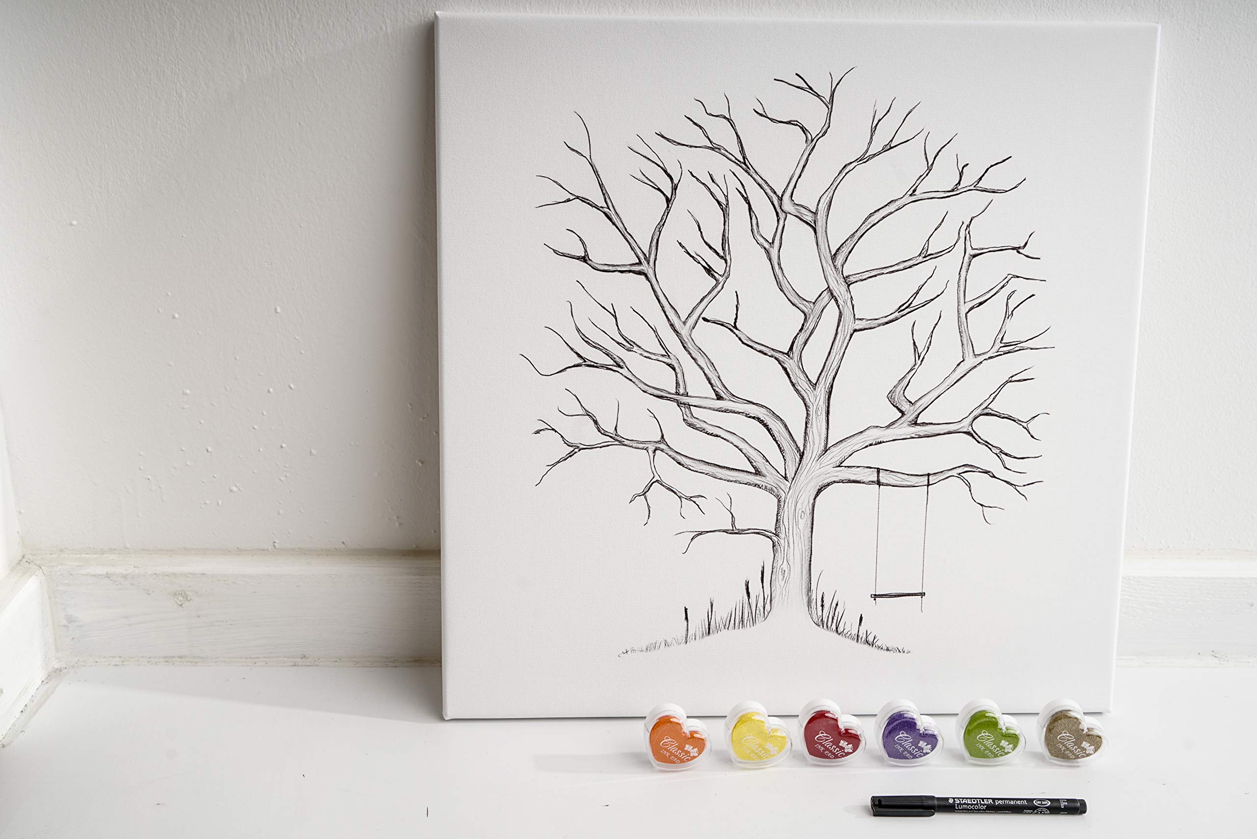 codicarts. Tela per matrimonio, anniversario, festa di famiglia, libro degli ospiti incl. timbro per impronte digitali e penna – Motivo albero con altalena – 50 x 50 cm, Made in Germany