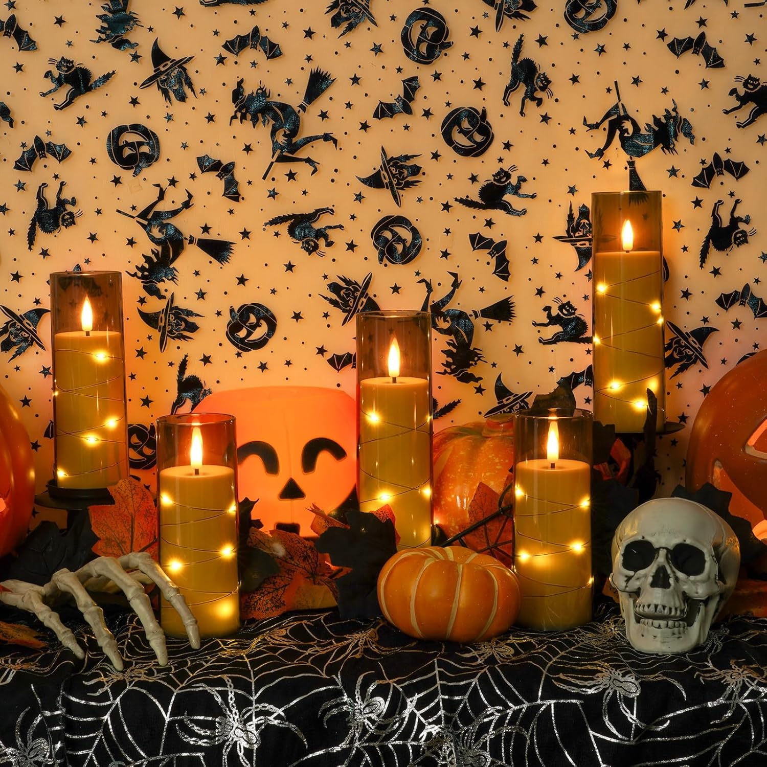 Homemory Flackernden Flammenlose Kerzen mit Lichterkette, Batteriebetriebene Kerzen mit Fernbedienung und Timer, Eingebettete Lichterkette LED-Kerzen, Acryl, Heimdekoration, Grau, 9er-Set | Fernbedienung,Timer, dimmbar, 500 Std. Betriebsdauer,Batteriebetr