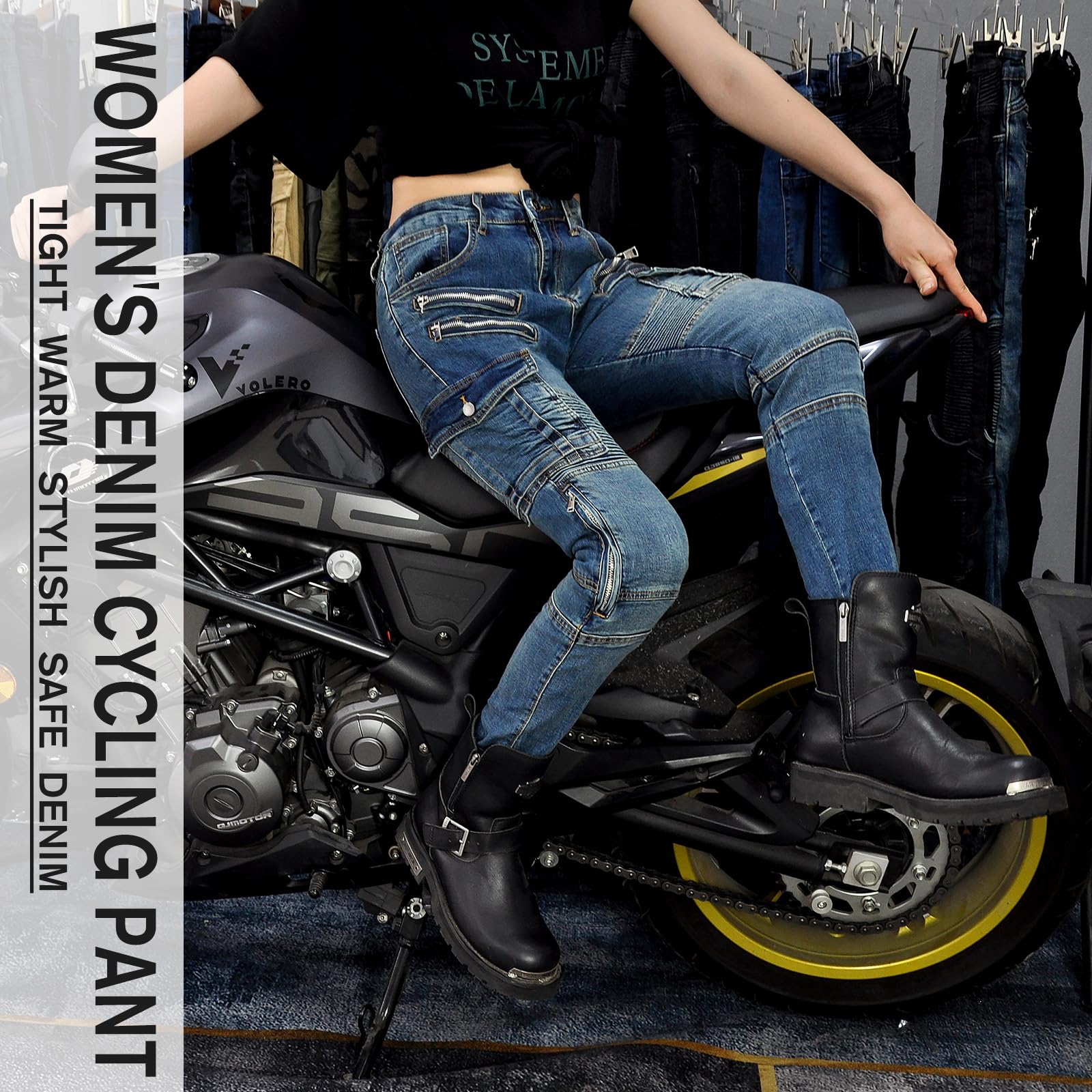 Donna Pantaloni da Moto Biker Jeans Protezione Motorcycle Pantaloni Rinforzato Slim Fit Armature Pants, 4 x Pad di Protezione (Blu,XXS)
