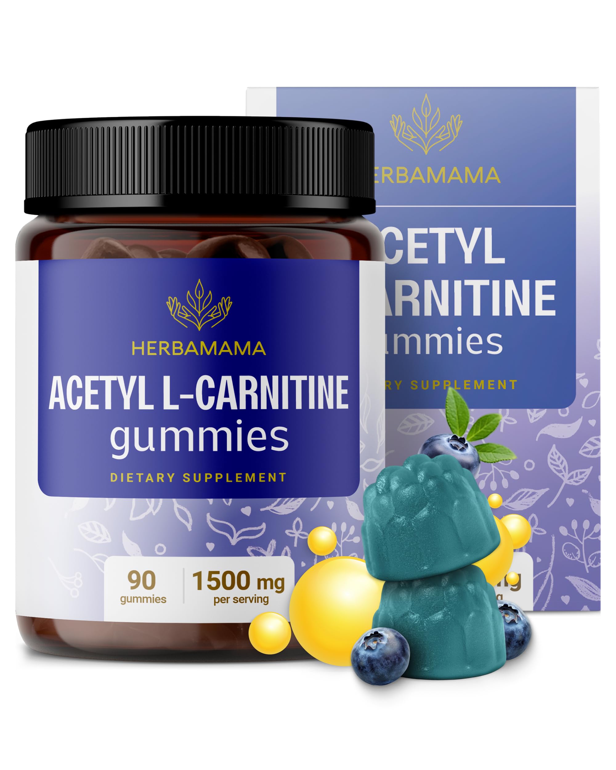 HERBAMAMA ALCAR Acetyl L-Carnitine 1500mg Gummies - L Carnitine Supplement for Energy, Focus & Brain Support - Vegan, Non-GMO - 90 Pectin-Based Blueberry-Flavored Chews