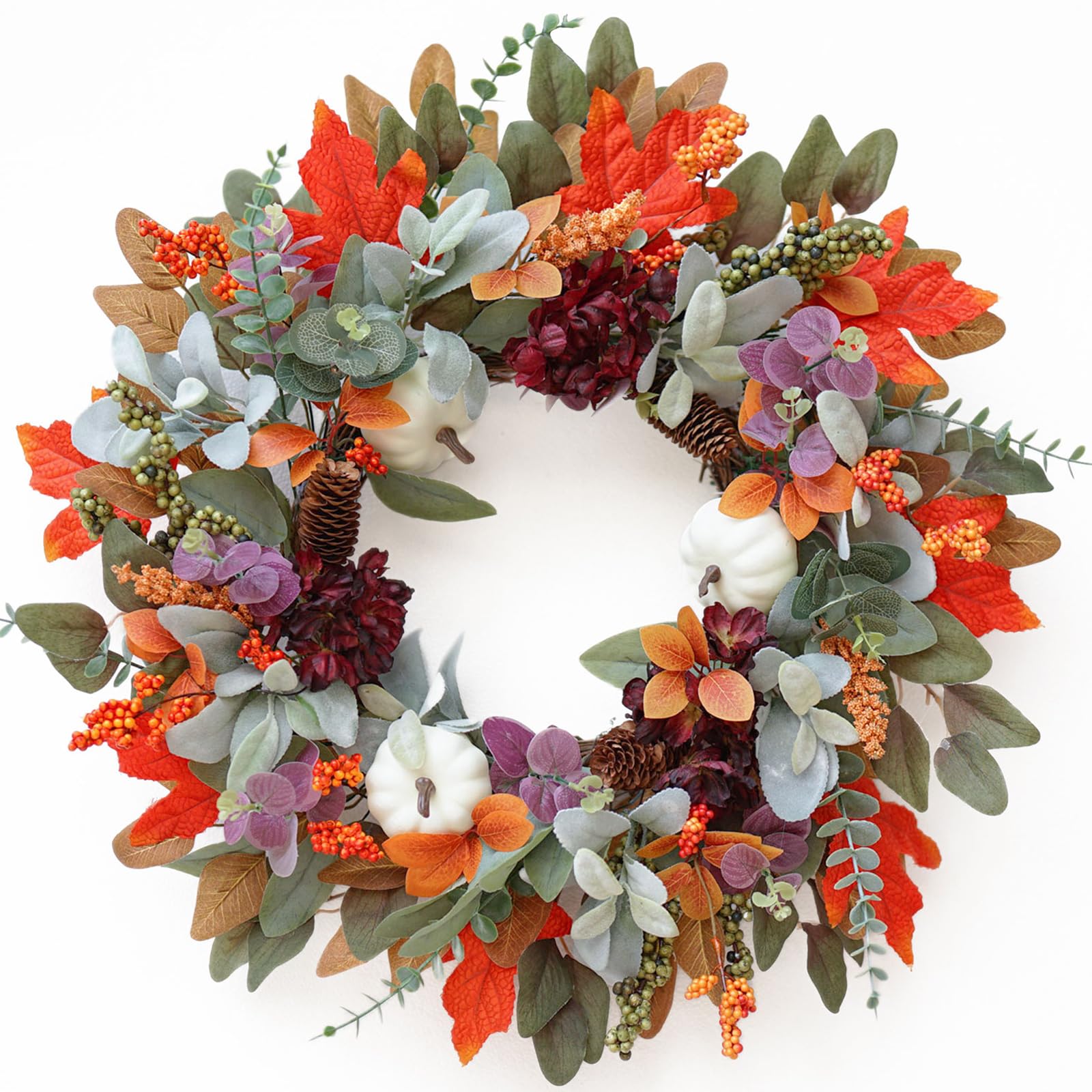 Fall Wreaths for Front Door, 22 Inch Autumn Door Wreath with Purple and Green Leaves, Pumpkin Halloween Wreath for Farmhouse Holiday Indoor Outdoor Outside Decor