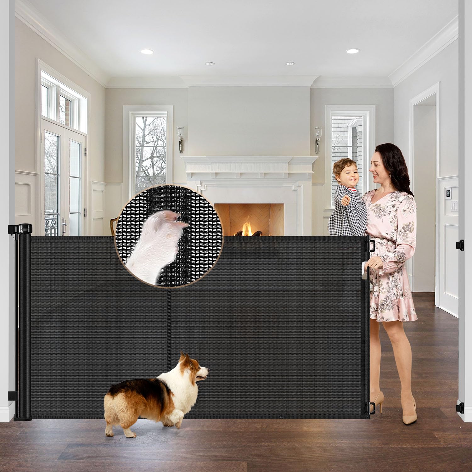 reinforced 42" tall x 75" wide retractable baby gate with support rods - prevents crawling under extra tall pet gate indoor mesh gate outdoor long baby gate tall dog gates for doorways, black