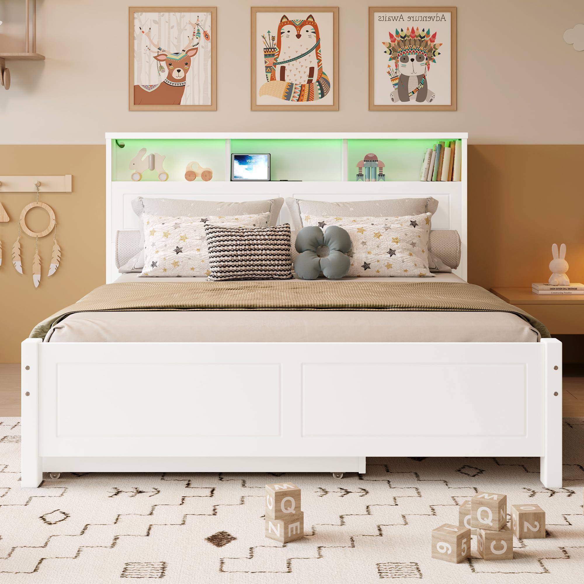 Letto Matrimoniale con letto Estraibile 120x200 e 90 * 190 cm, Letto Piano con Striscia Luminosa, Presa di Ricarica Integrata, Contenitore nella Testiera, struttura in pino e MDF, Bianco