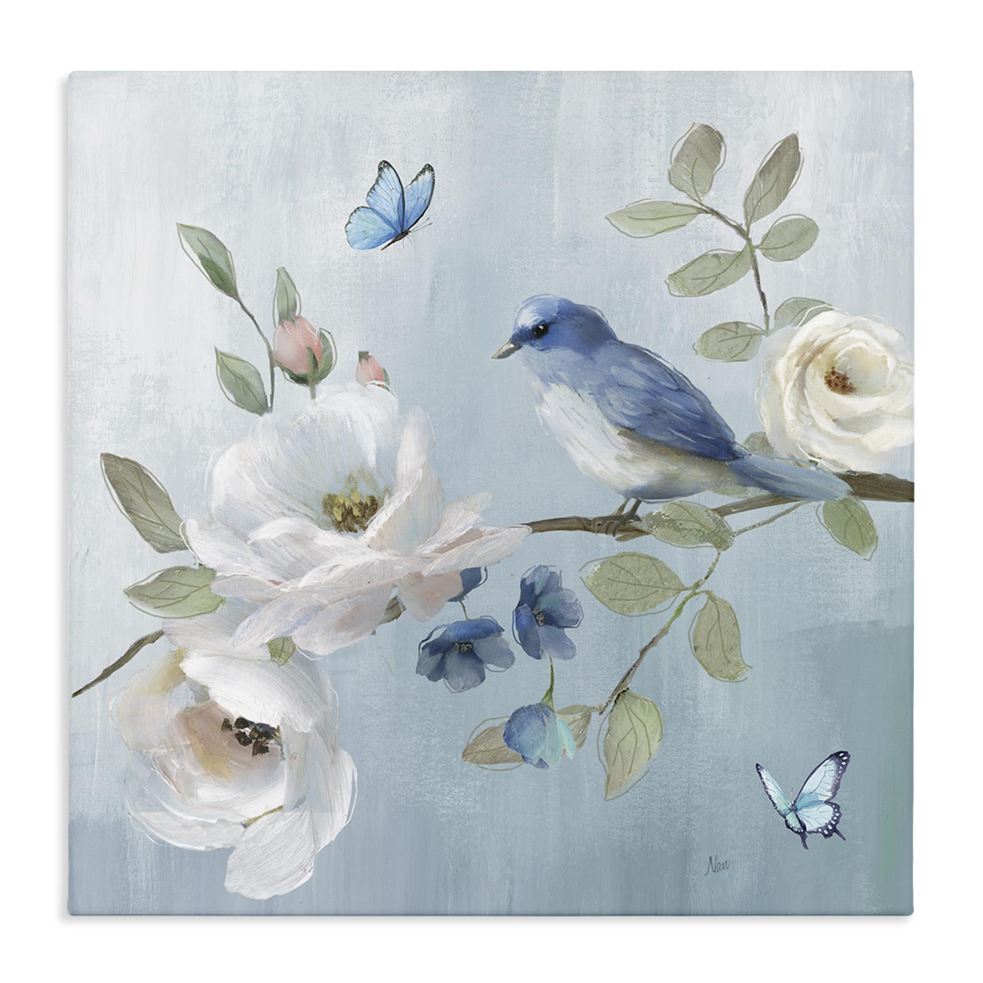 Stupell Industries 'Pastel Blue Bird Blooms', Canvas Art, 24 x 24 Inches, Easy to Hang and Sturdy, Made in USA, by Nan